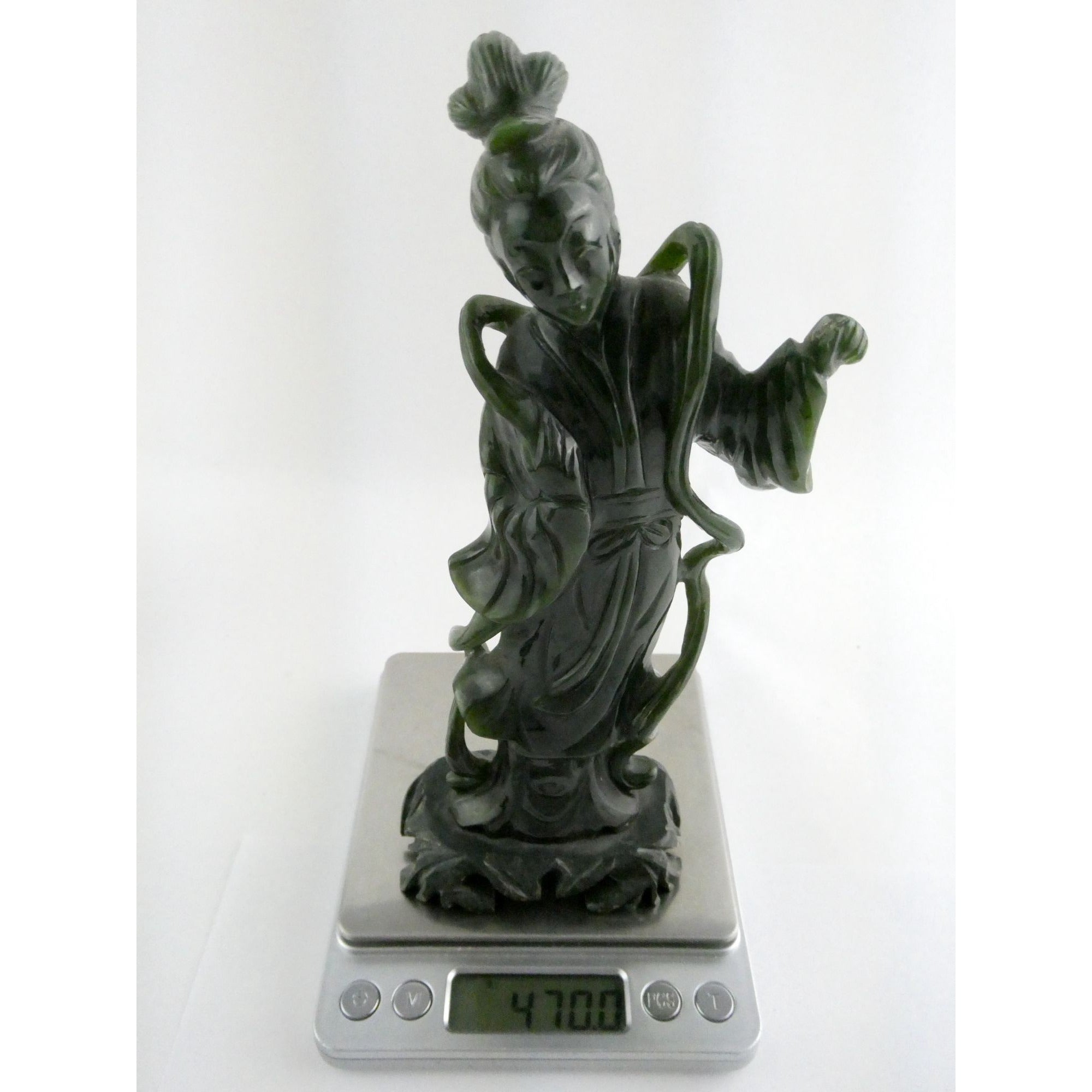 Chinese Carved Spinach Green Nephrite Jade Immortal Goddess Statuette Figurine