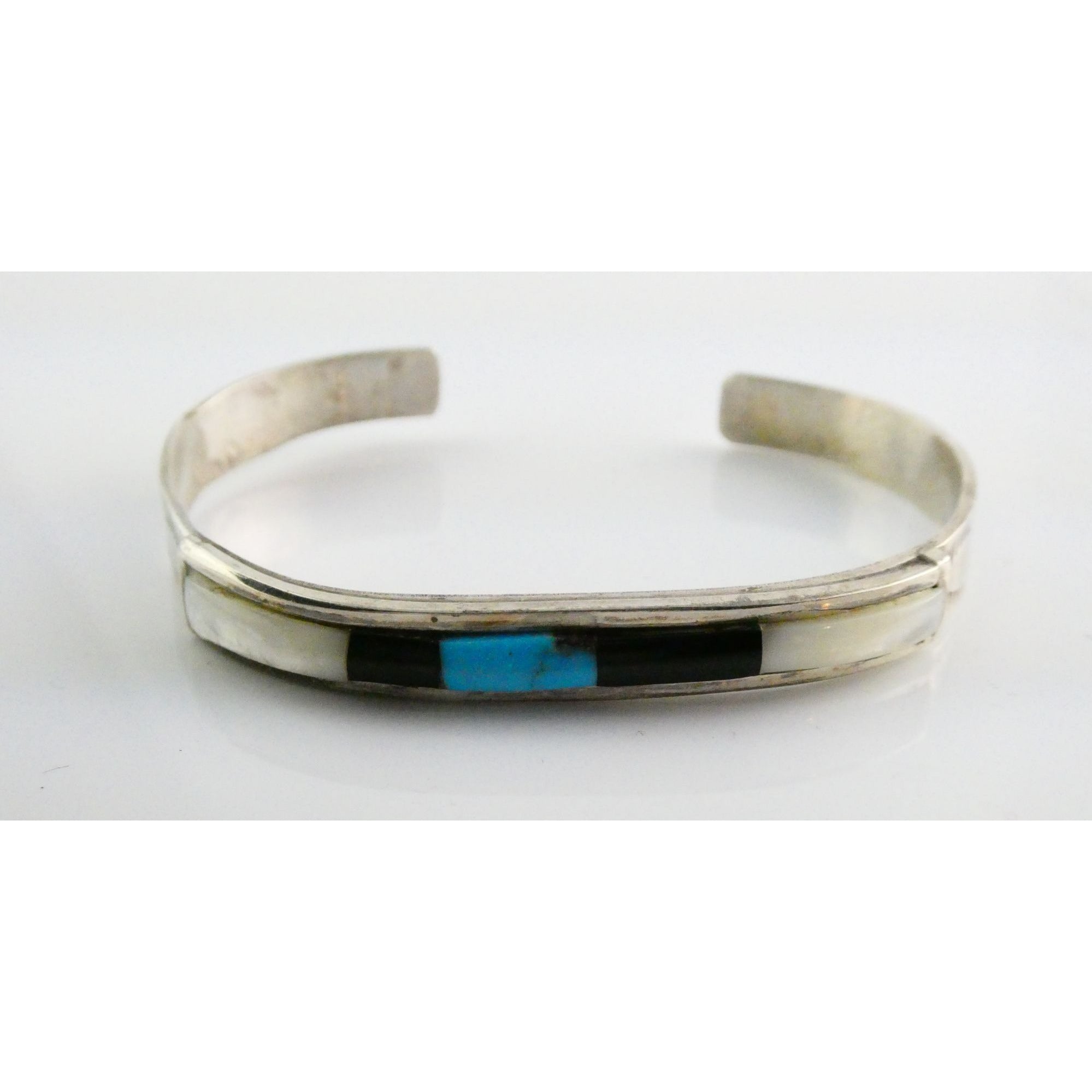 Vintage Southwestern Unmarked Sterling Silver Turquoise Onyx MOP Cuff Bracelet