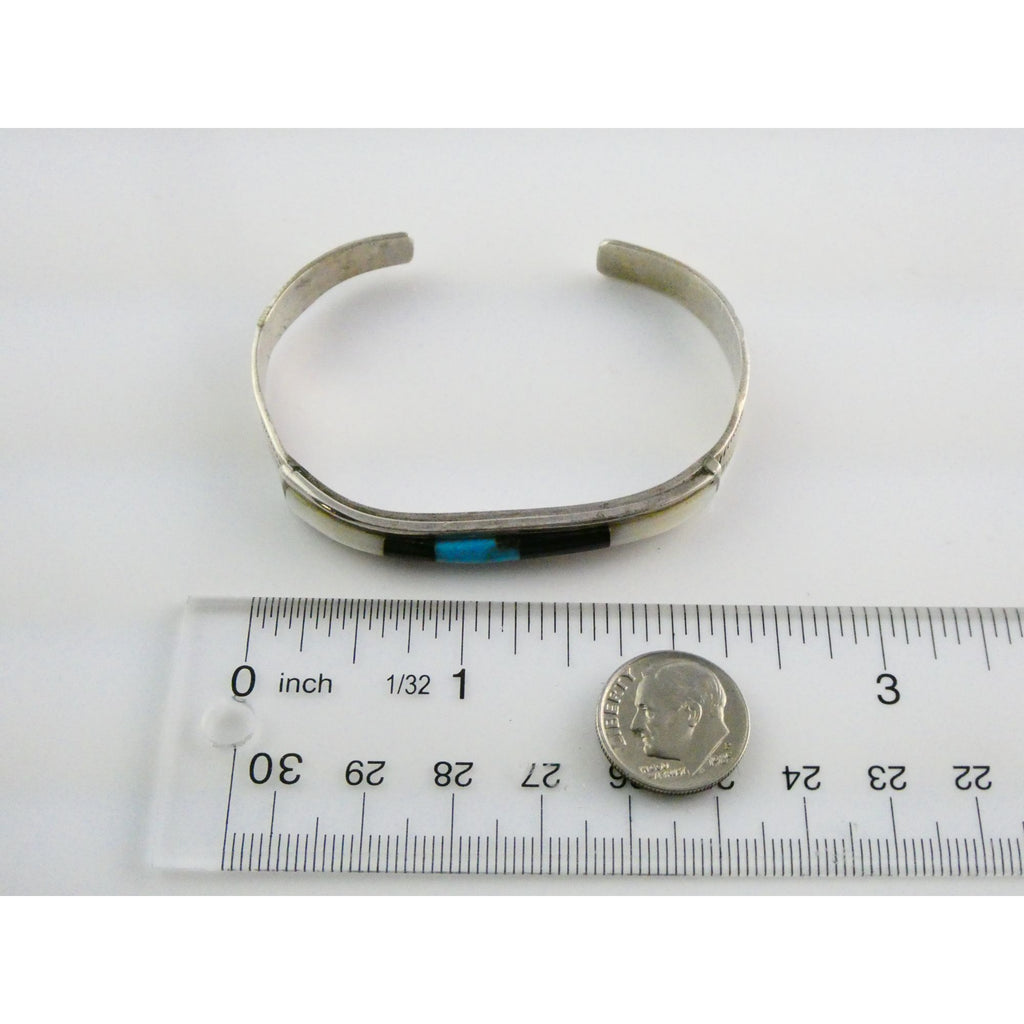 Vintage Southwestern Unmarked Sterling Silver Turquoise Onyx MOP Cuff Bracelet