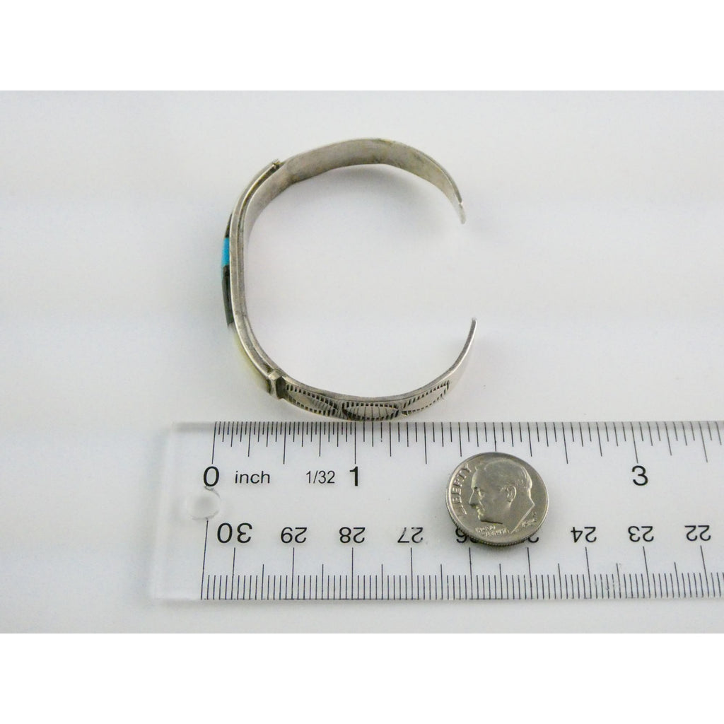 Vintage Southwestern Unmarked Sterling Silver Turquoise Onyx MOP Cuff Bracelet