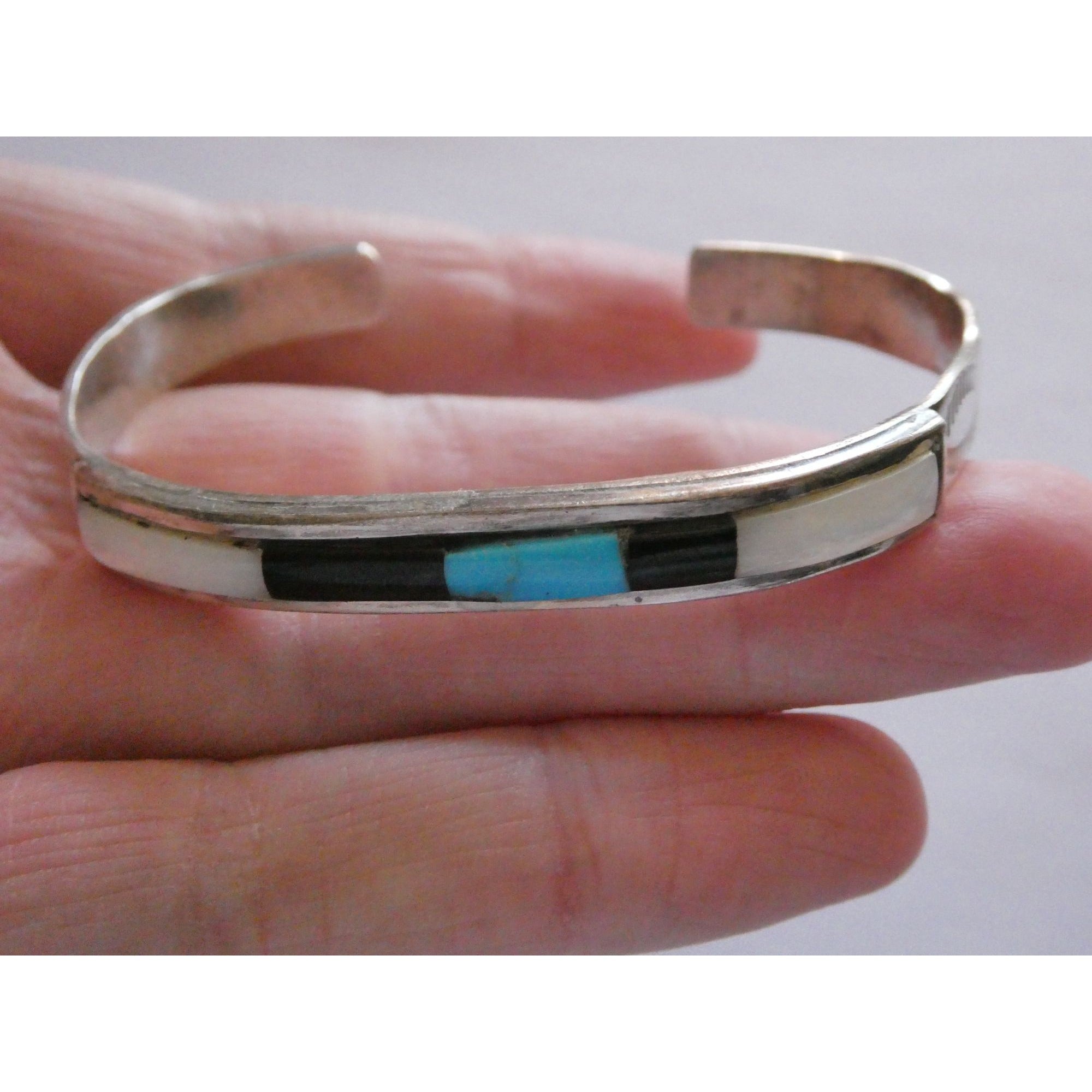 Vintage Southwestern Unmarked Sterling Silver Turquoise Onyx MOP Cuff Bracelet