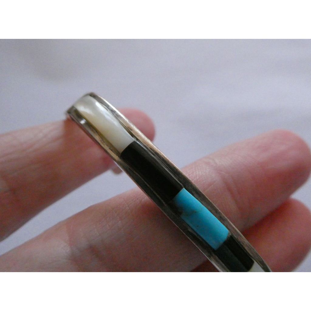 Vintage Southwestern Unmarked Sterling Silver Turquoise Onyx MOP Cuff Bracelet