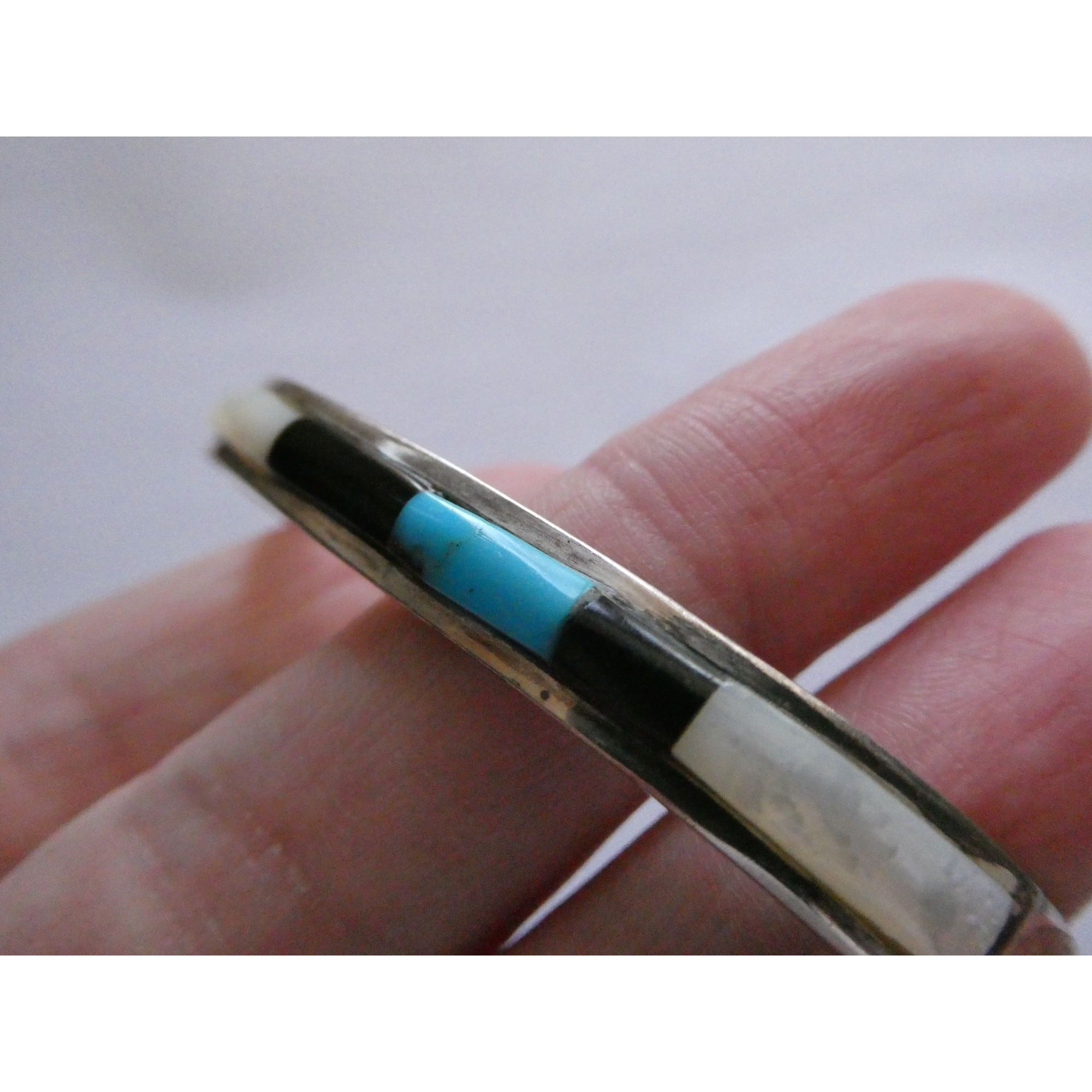 Vintage Southwestern Unmarked Sterling Silver Turquoise Onyx MOP Cuff Bracelet