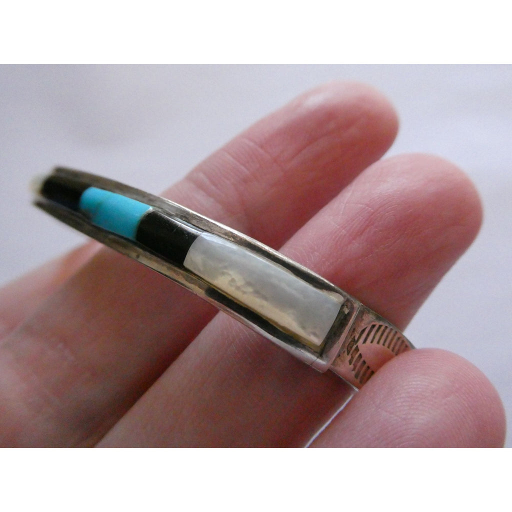 Vintage Southwestern Unmarked Sterling Silver Turquoise Onyx MOP Cuff Bracelet