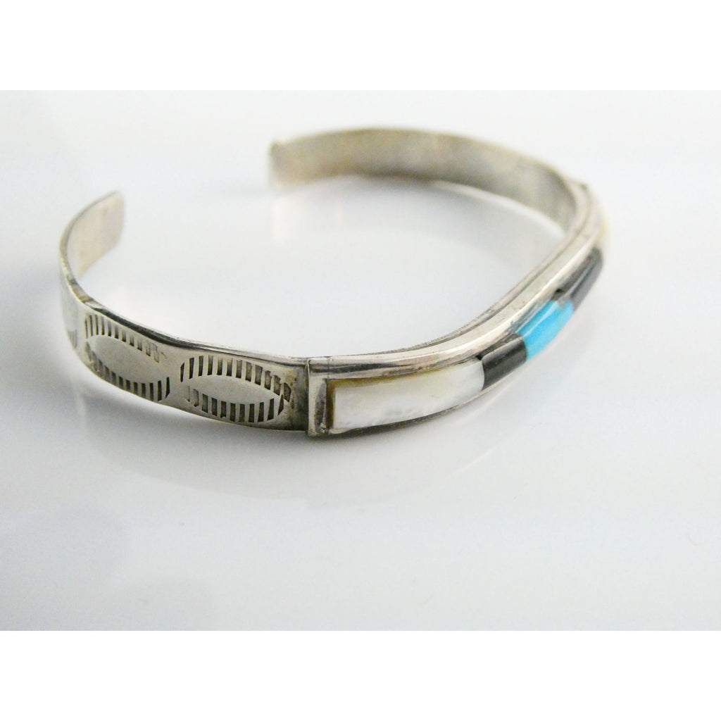 Vintage Southwestern Unmarked Sterling Silver Turquoise Onyx MOP Cuff Bracelet