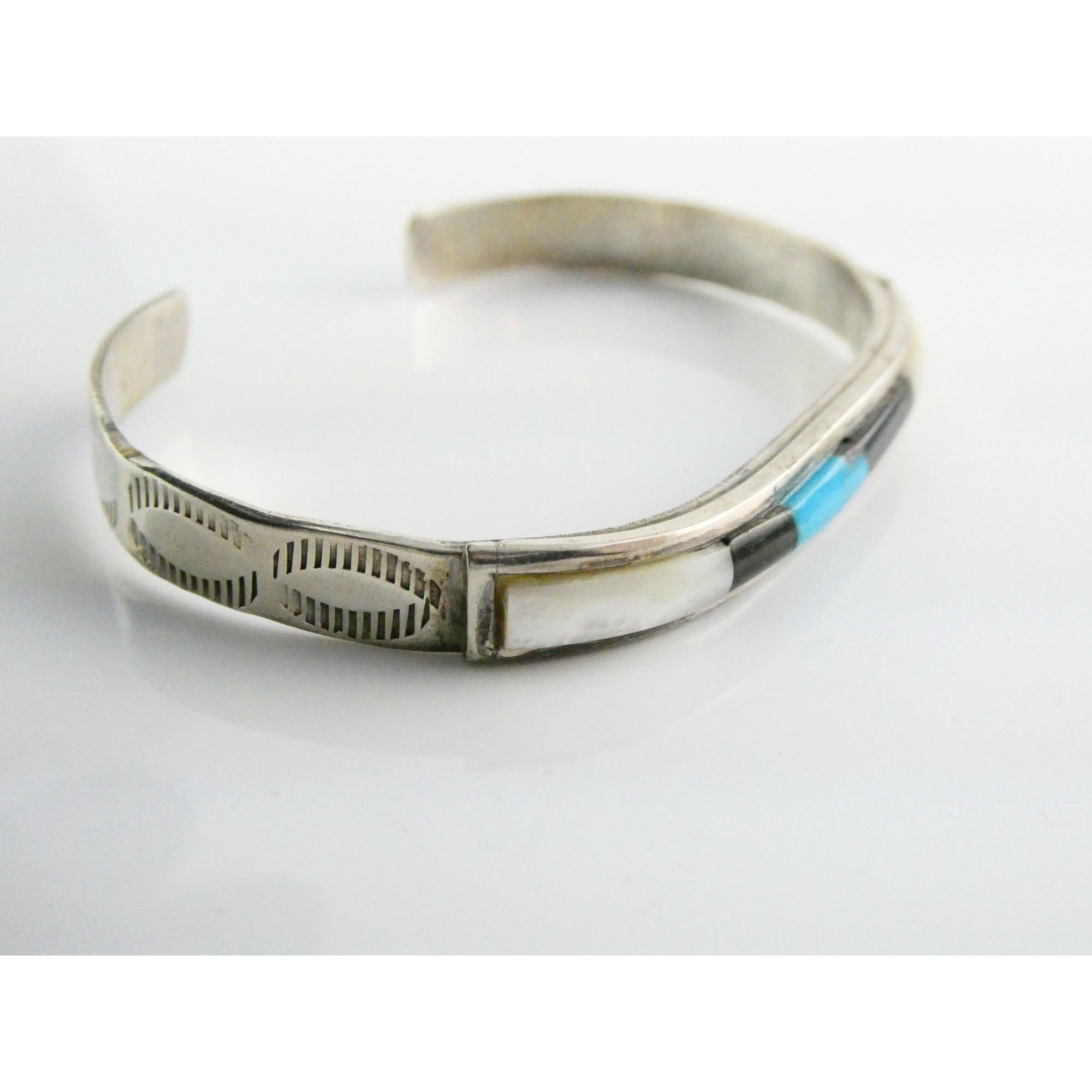 Vintage Southwestern Unmarked Sterling Silver Turquoise Onyx MOP Cuff Bracelet