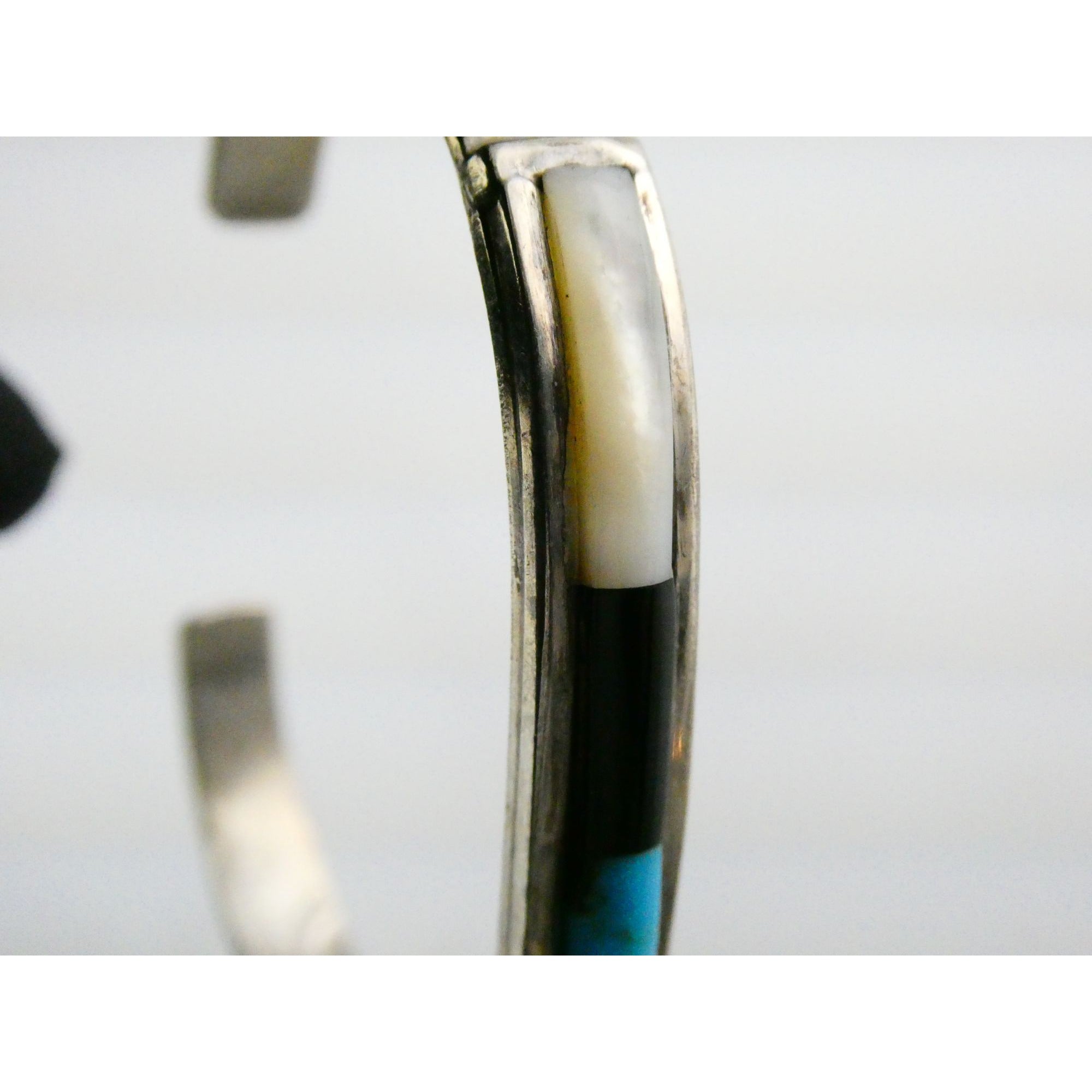 Vintage Southwestern Unmarked Sterling Silver Turquoise Onyx MOP Cuff Bracelet