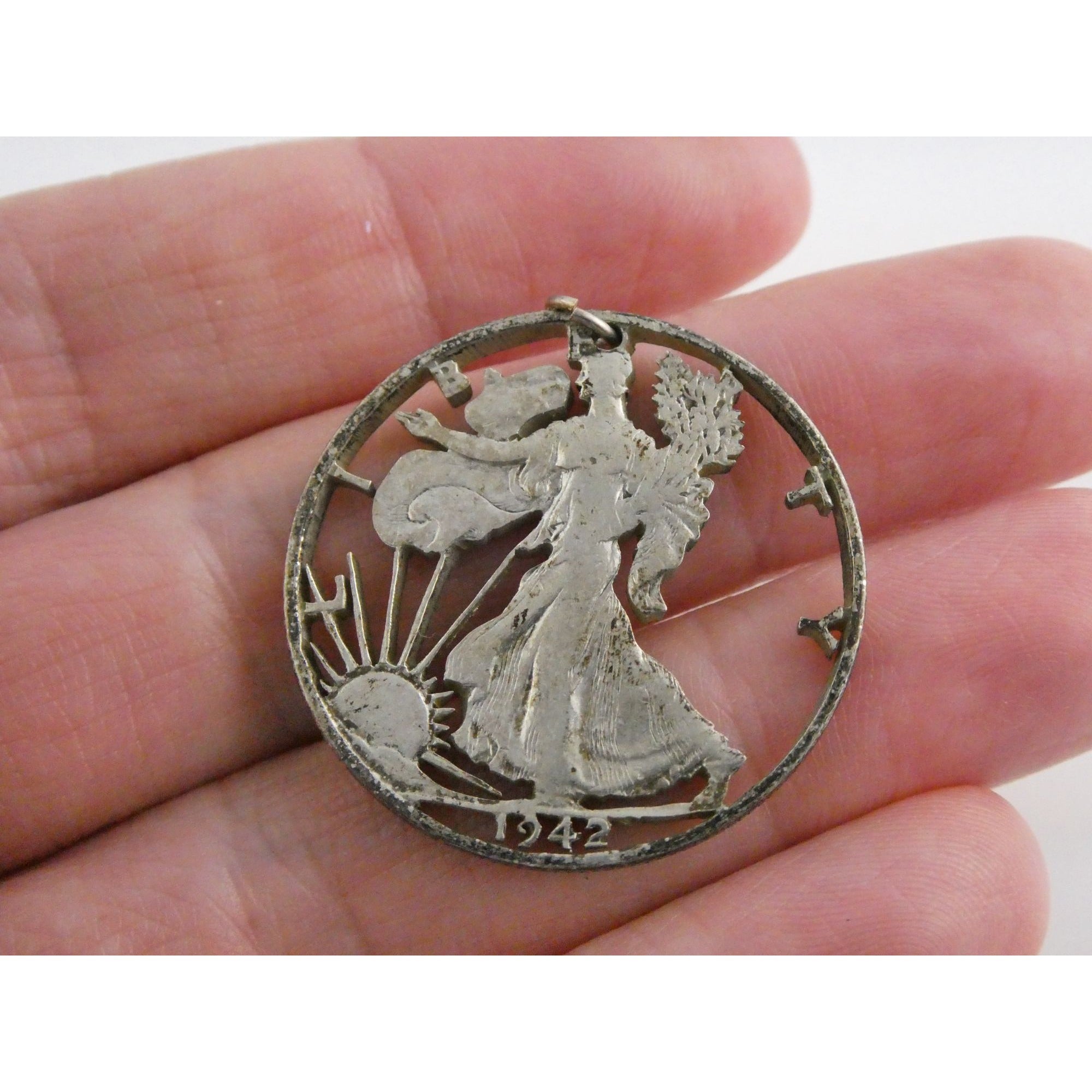 1942 Walking Liberty 900 Silver Half Dollar Coin Cut Out Pendant 7.7g 30mm Diam