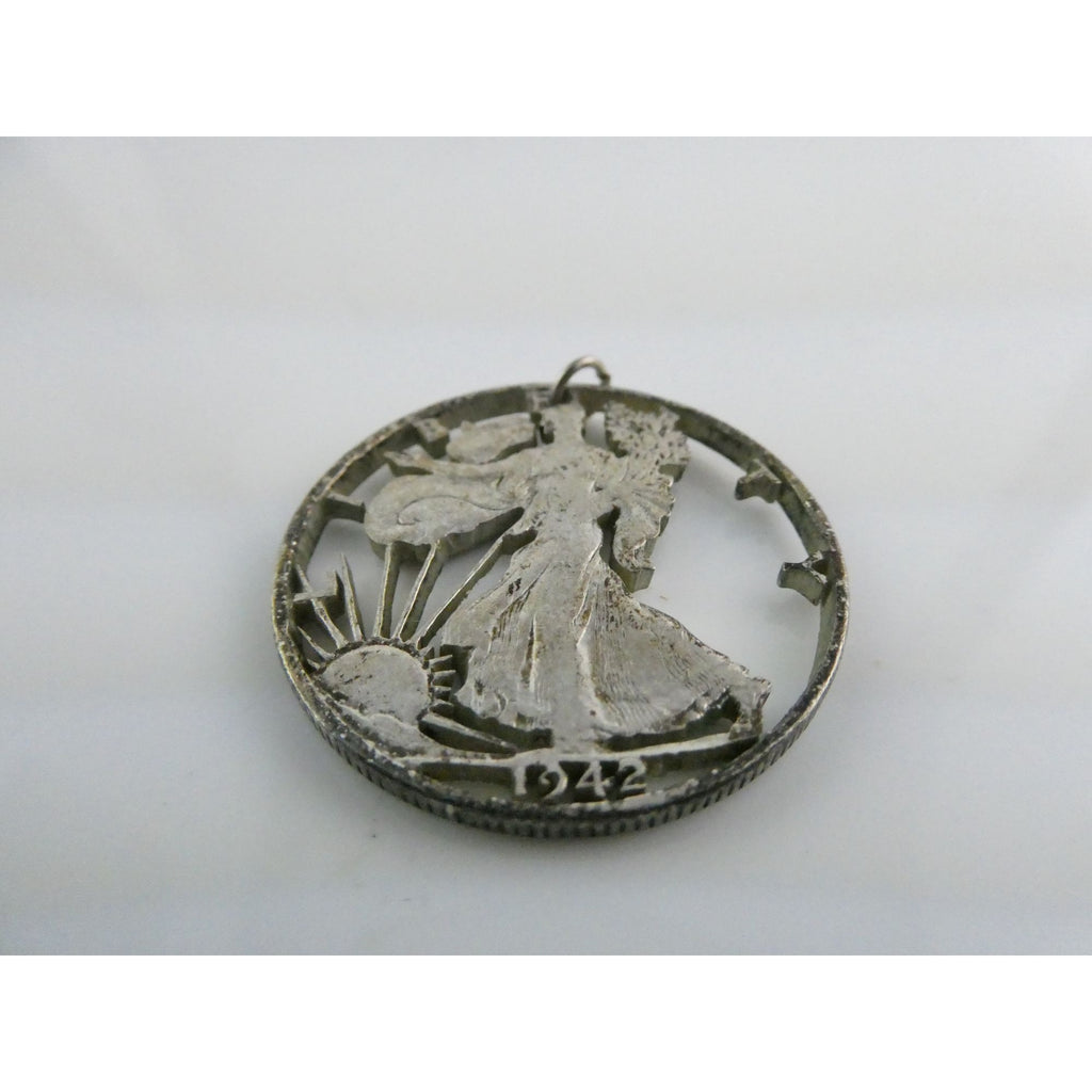 1942 Walking Liberty 900 Silver Half Dollar Coin Cut Out Pendant 7.7g 30mm Diam