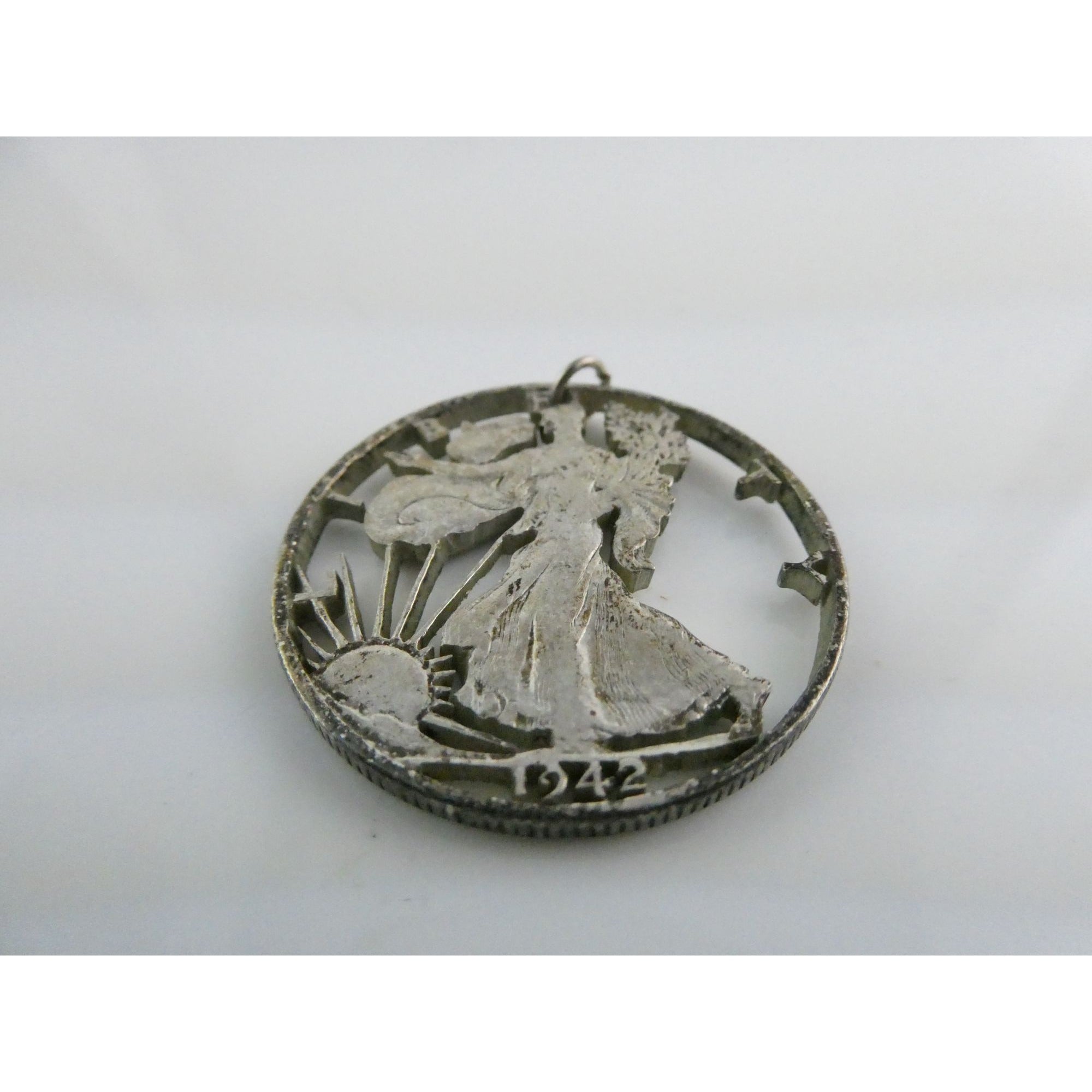 1942 Walking Liberty 900 Silver Half Dollar Coin Cut Out Pendant 7.7g 30mm Diam