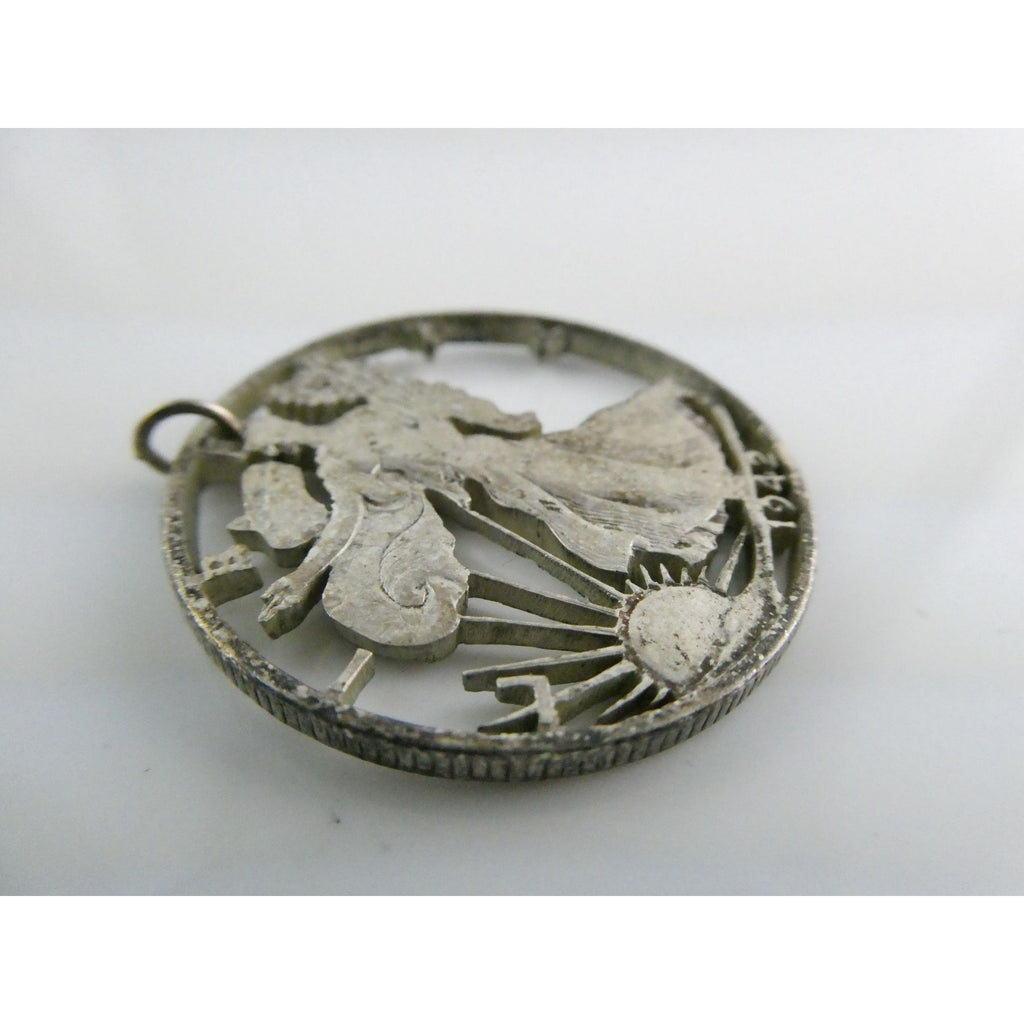 1942 Walking Liberty 900 Silver Half Dollar Coin Cut Out Pendant 7.7g 30mm Diam
