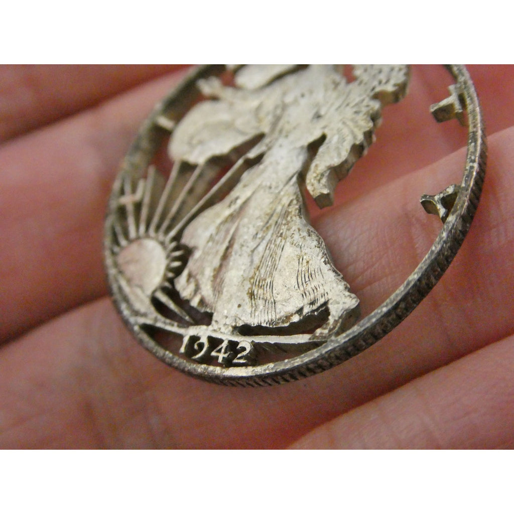 1942 Walking Liberty 900 Silver Half Dollar Coin Cut Out Pendant 7.7g 30mm Diam