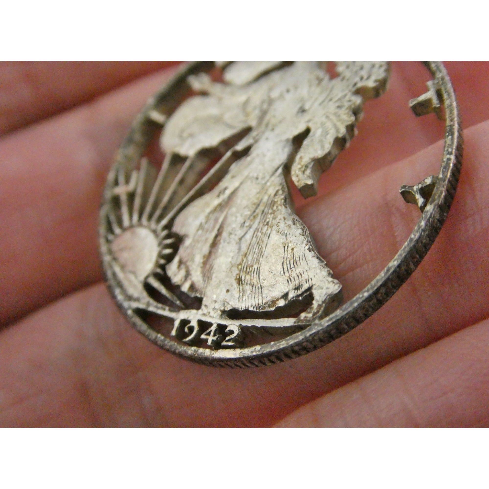 1942 Walking Liberty 900 Silver Half Dollar Coin Cut Out Pendant 7.7g 30mm Diam