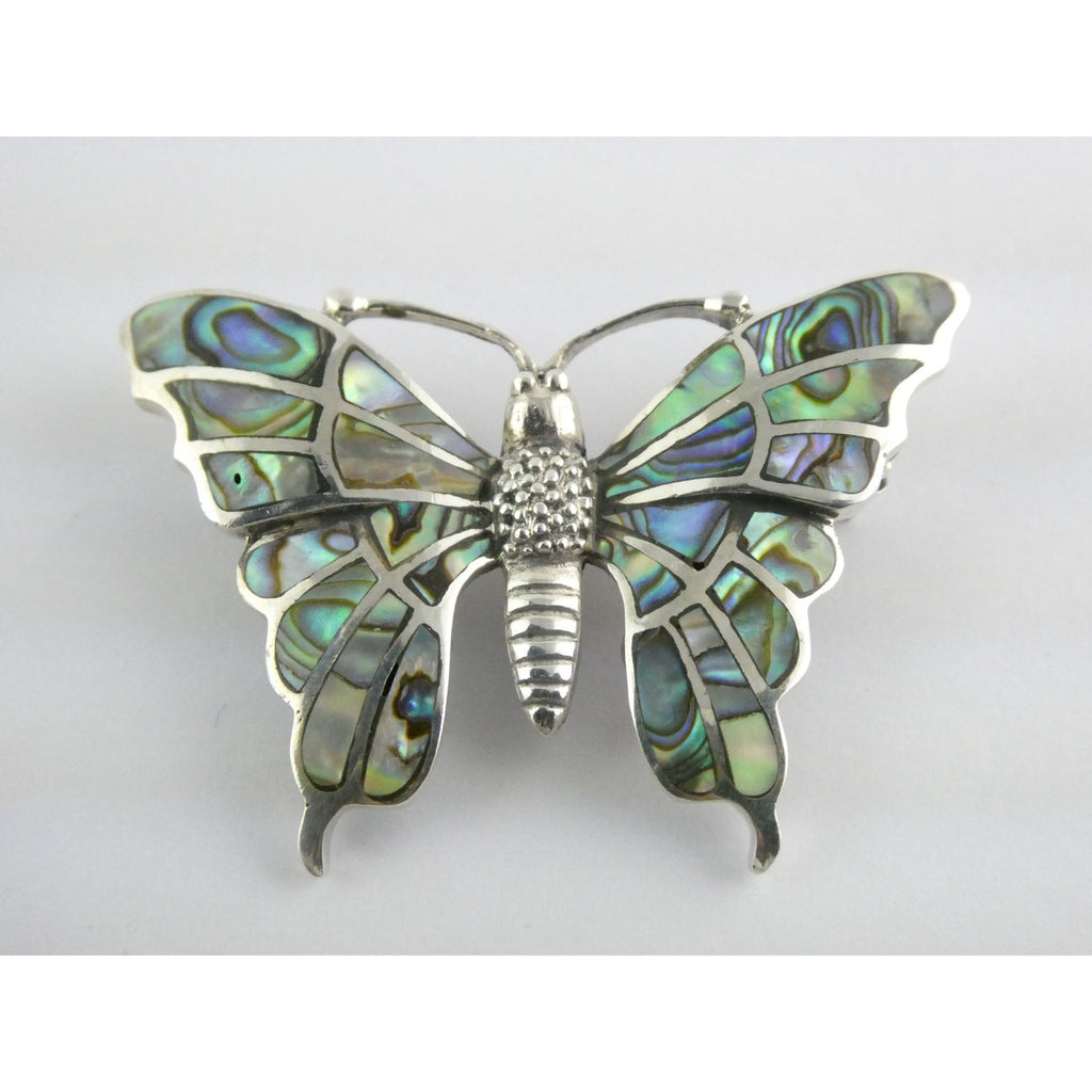 SX Sterling Silver Abalone Shell Inlay Butterfly Shape Brooch Pendant 16g 1.5 In
