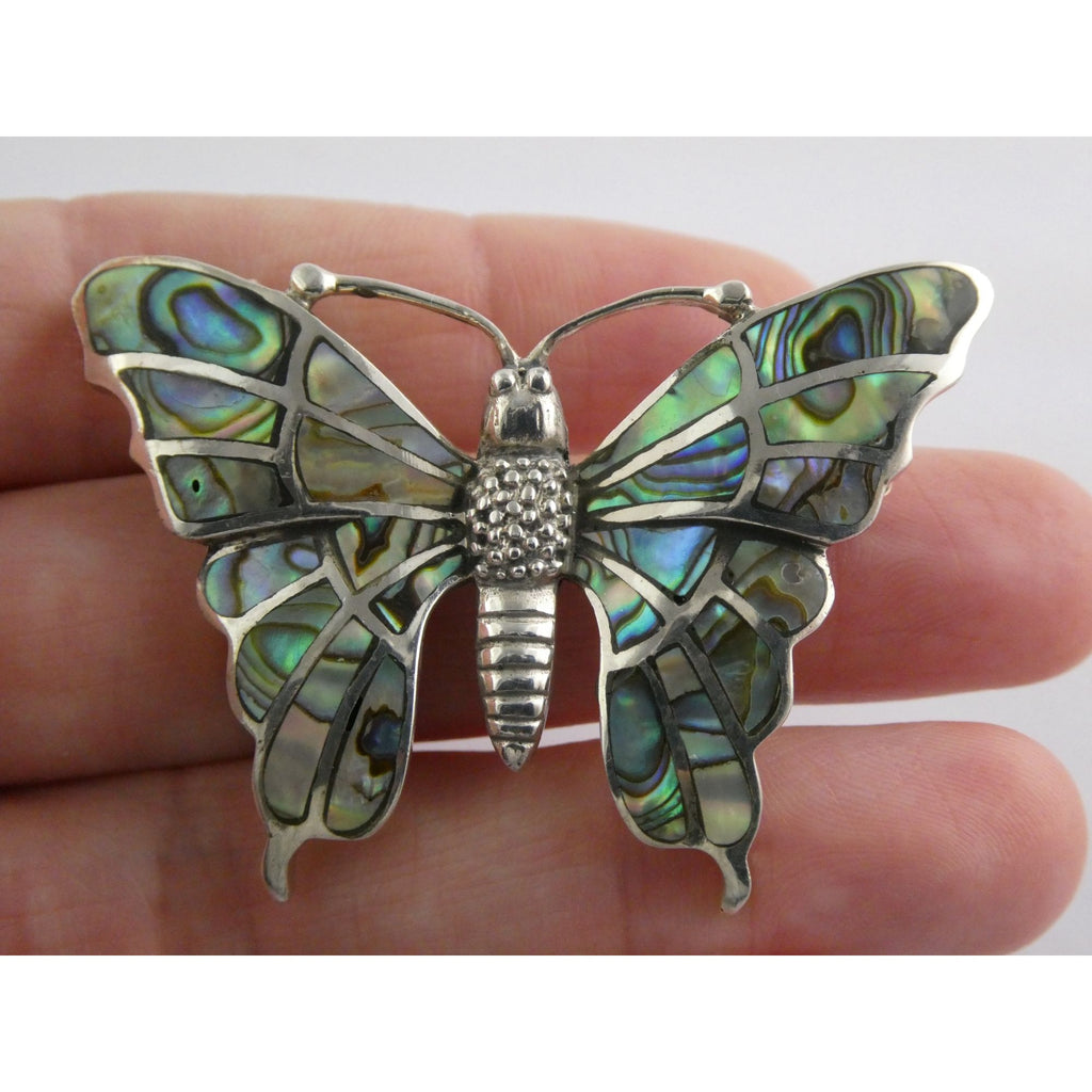 SX Sterling Silver Abalone Shell Inlay Butterfly Shape Brooch Pendant 16g 1.5 In