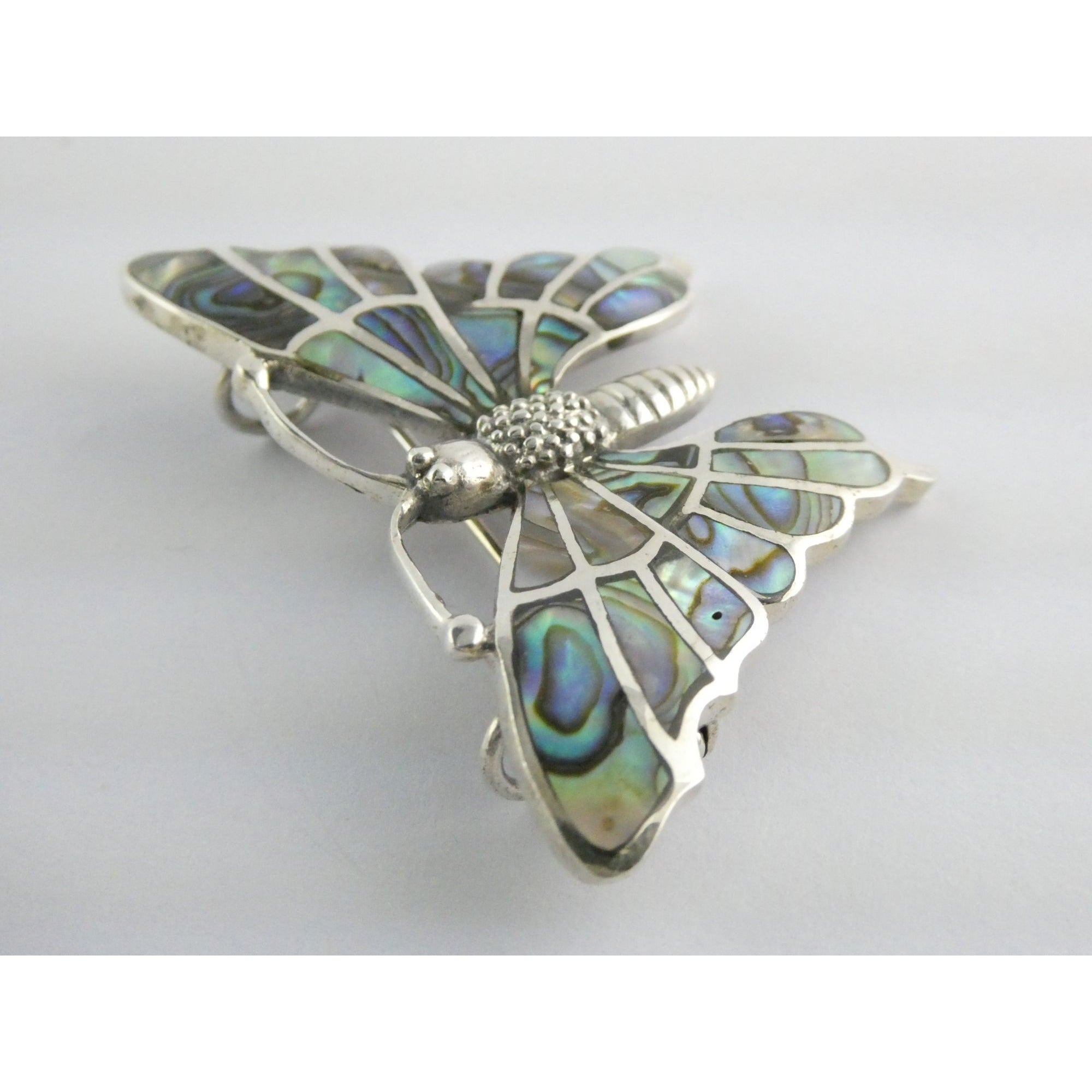 SX Sterling Silver Abalone Shell Inlay Butterfly Shape Brooch Pendant 16g 1.5 In