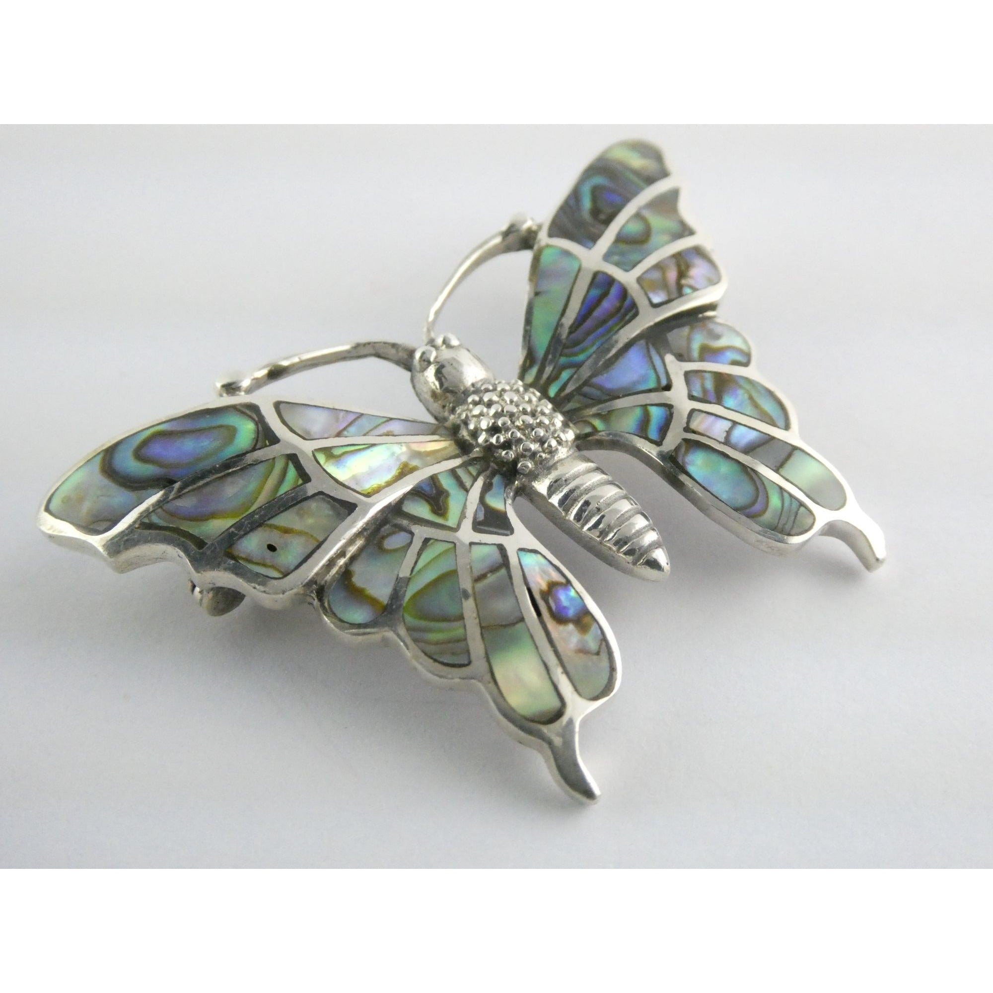SX Sterling Silver Abalone Shell Inlay Butterfly Shape Brooch Pendant 16g 1.5 In