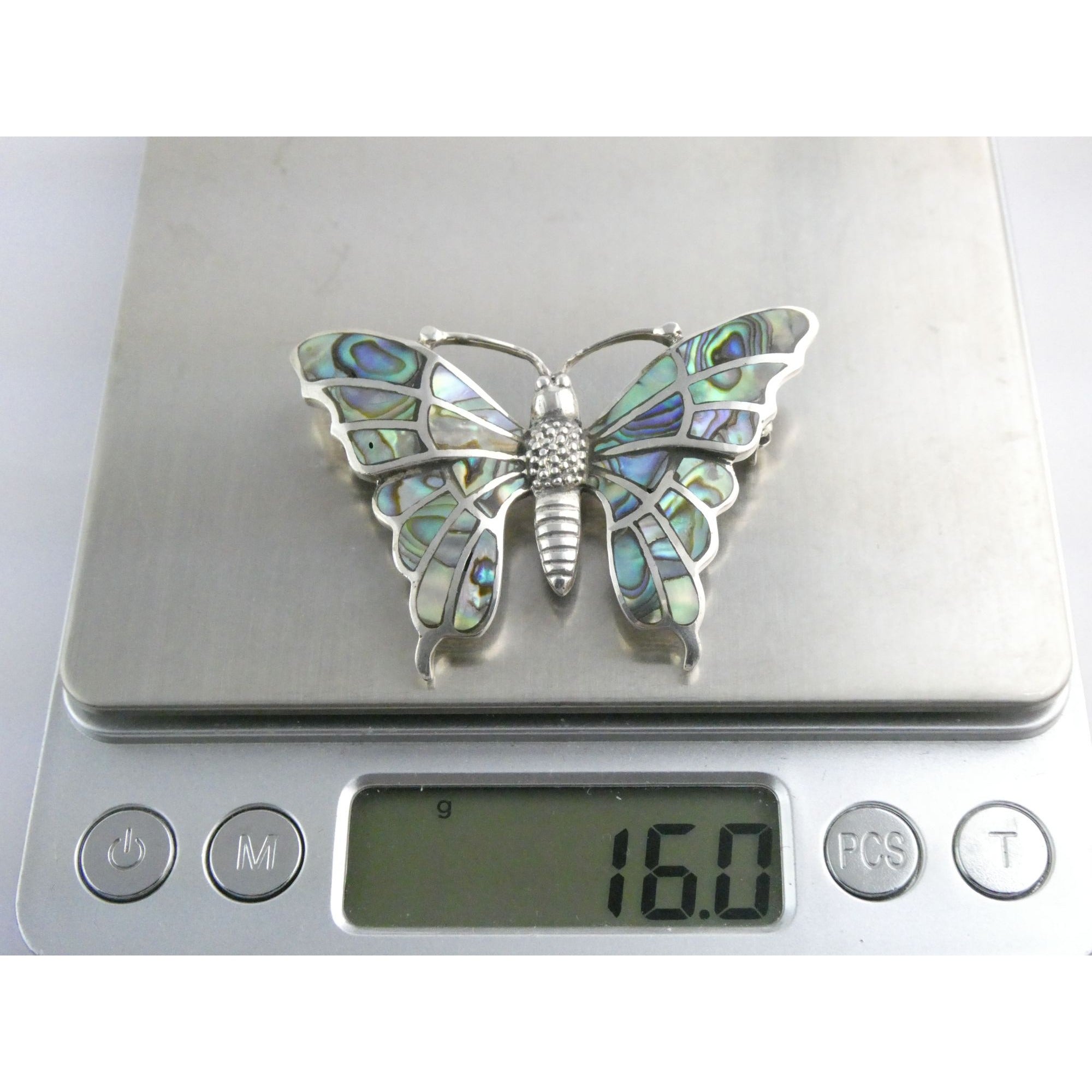 SX Sterling Silver Abalone Shell Inlay Butterfly Shape Brooch Pendant 16g 1.5 In