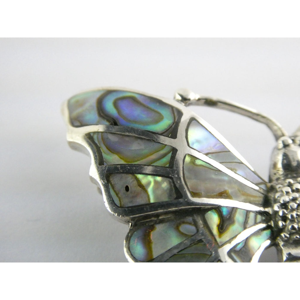 SX Sterling Silver Abalone Shell Inlay Butterfly Shape Brooch Pendant 16g 1.5 In