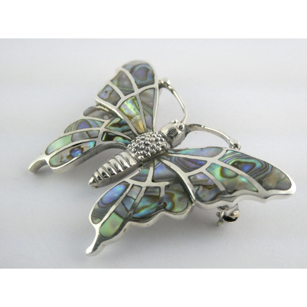SX Sterling Silver Abalone Shell Inlay Butterfly Shape Brooch Pendant 16g 1.5 In