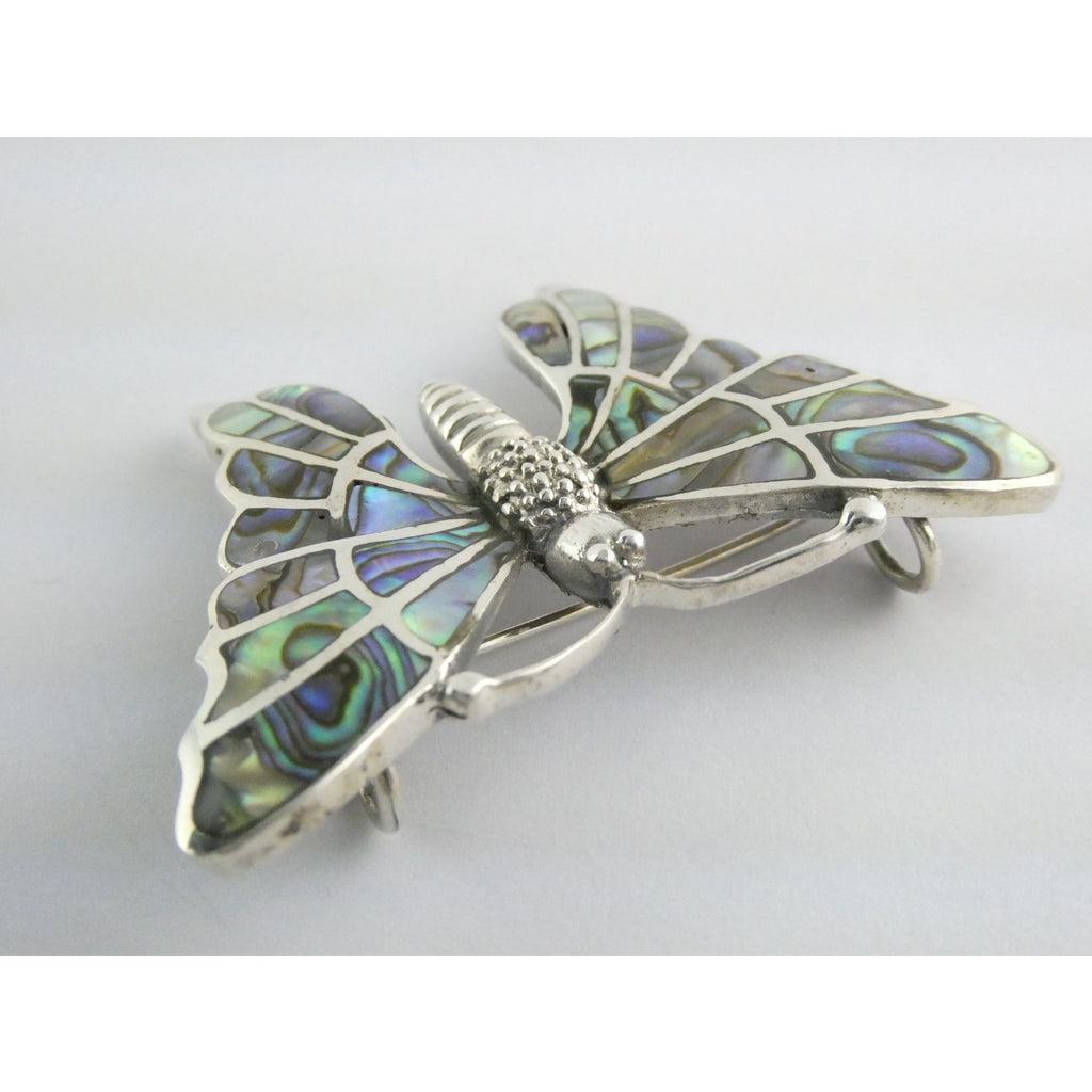 SX Sterling Silver Abalone Shell Inlay Butterfly Shape Brooch Pendant 16g 1.5 In