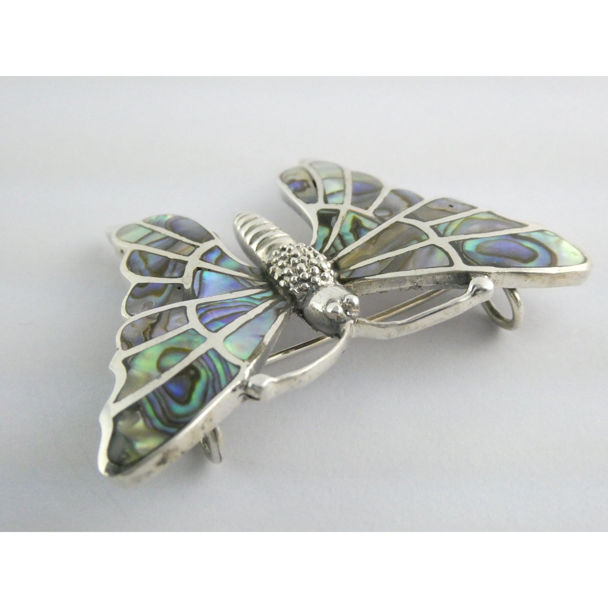 SX Sterling Silver Abalone Shell Inlay Butterfly Shape Brooch Pendant 16g 1.5 In
