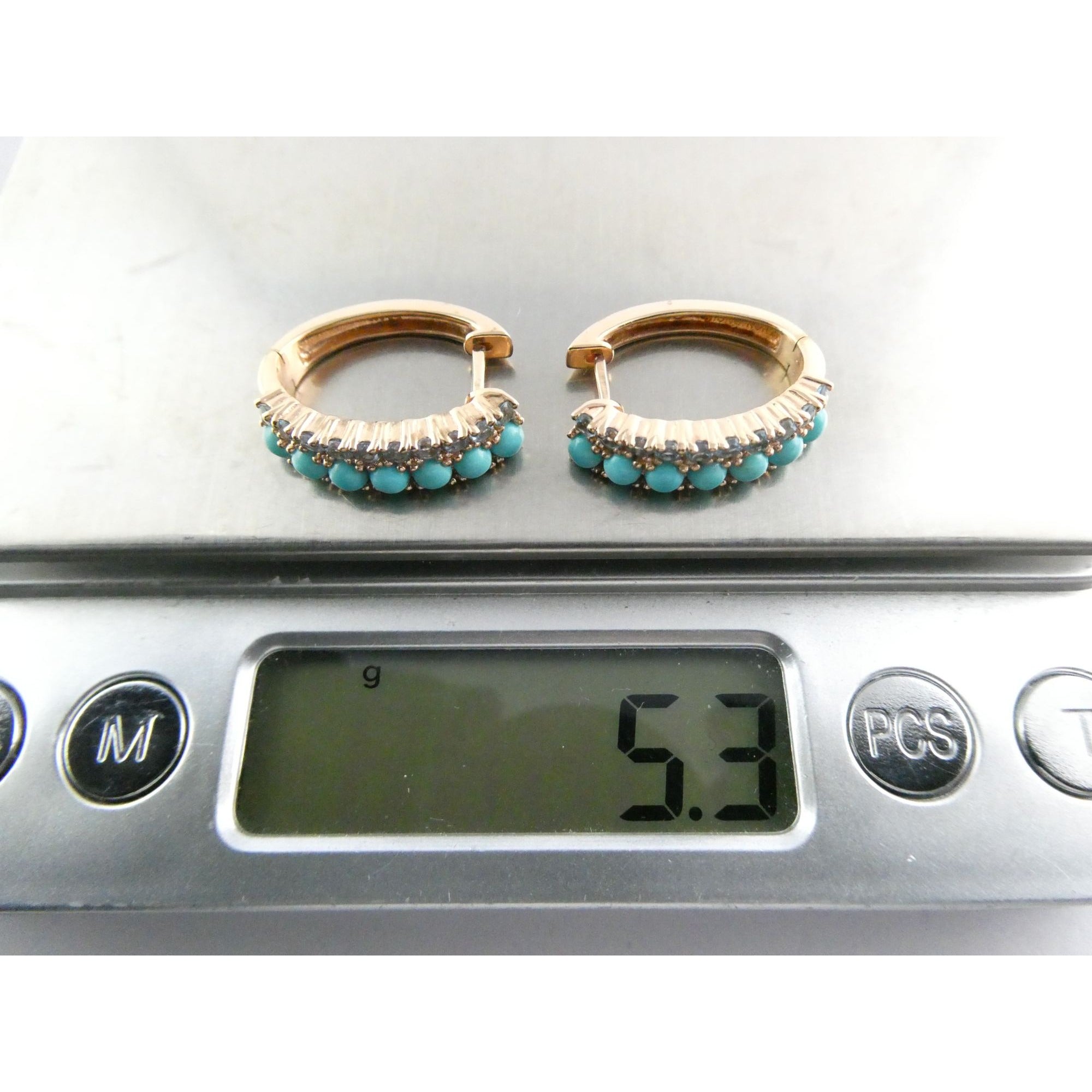 EA Designer Rose Gold Gilt Sterling Silver Turquoise and Blue Topaz Earrings 925
