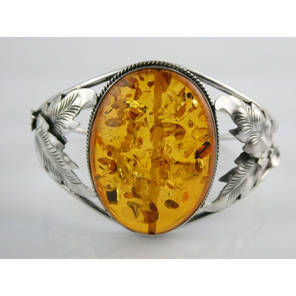 Sterling Silver Amber Cabochon Leaves Openwork Design Cuff Bracelet 7.5 Inches