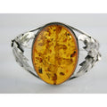 Sterling Silver Amber Cabochon Leaves Openwork Design Cuff Bracelet 7.5 Inches