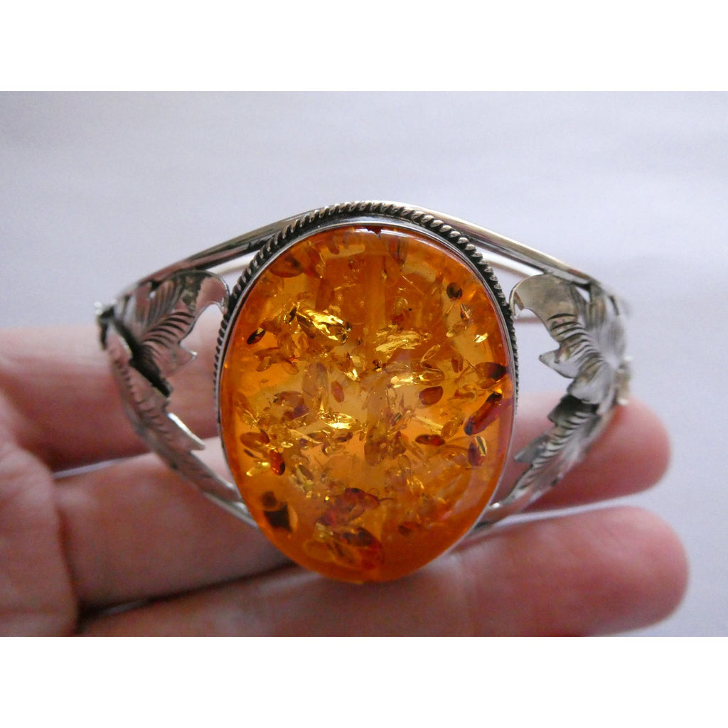 Sterling Silver Amber Cabochon Leaves Openwork Design Cuff Bracelet 7.5 Inches
