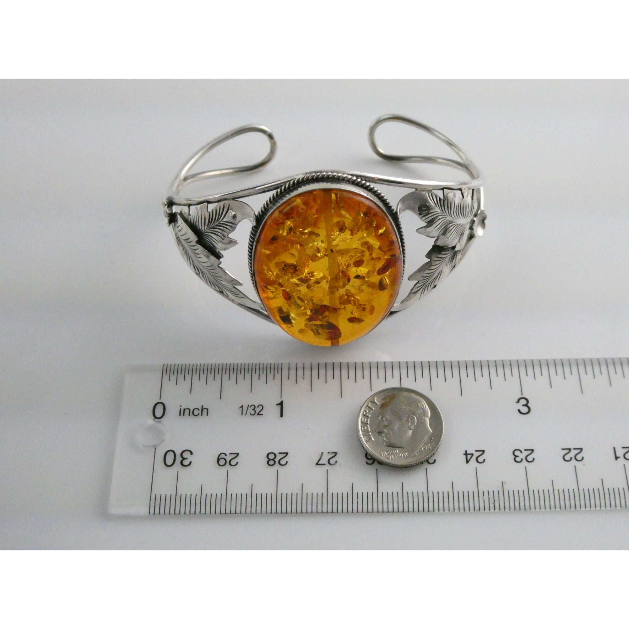 Sterling Silver Amber Cabochon Leaves Openwork Design Cuff Bracelet 7.5 Inches