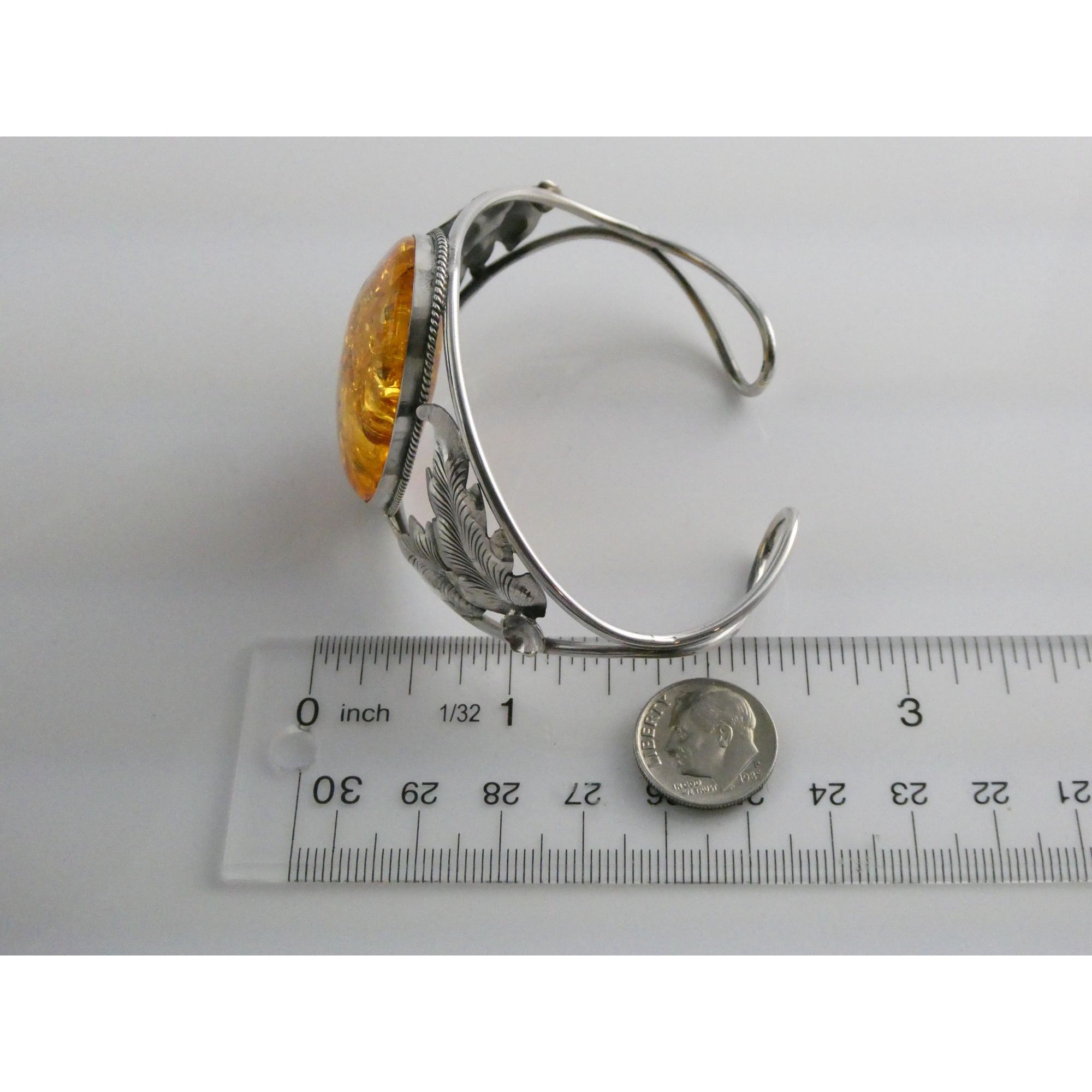 Sterling Silver Amber Cabochon Leaves Openwork Design Cuff Bracelet 7.5 Inches