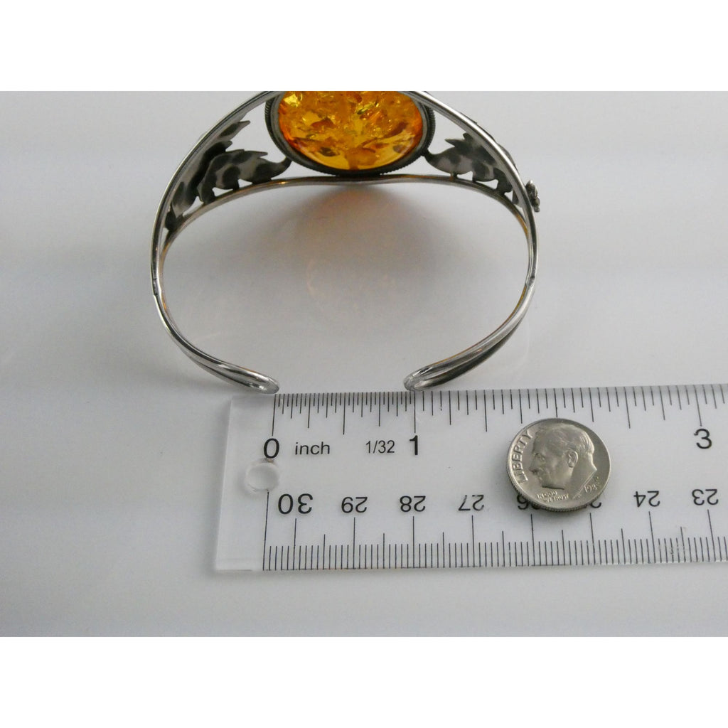 Sterling Silver Amber Cabochon Leaves Openwork Design Cuff Bracelet 7.5 Inches