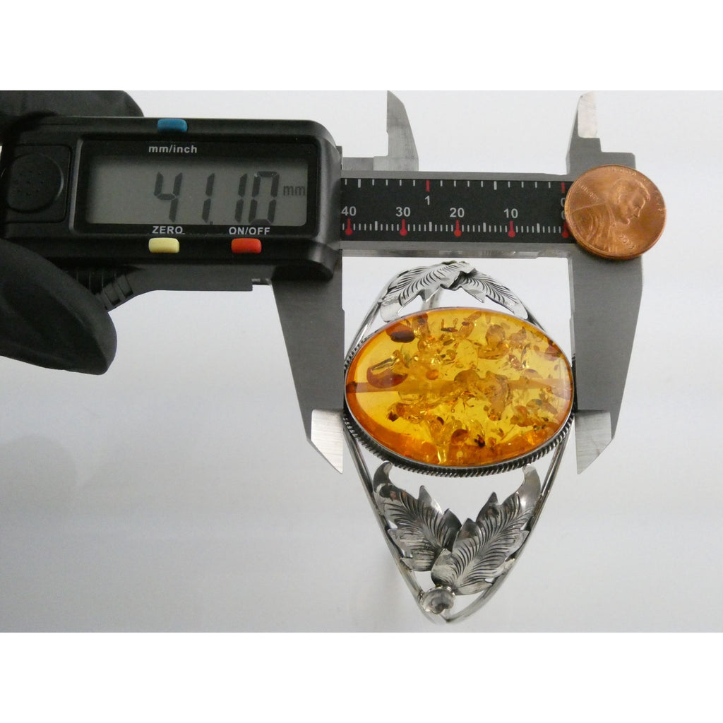 Sterling Silver Amber Cabochon Leaves Openwork Design Cuff Bracelet 7.5 Inches