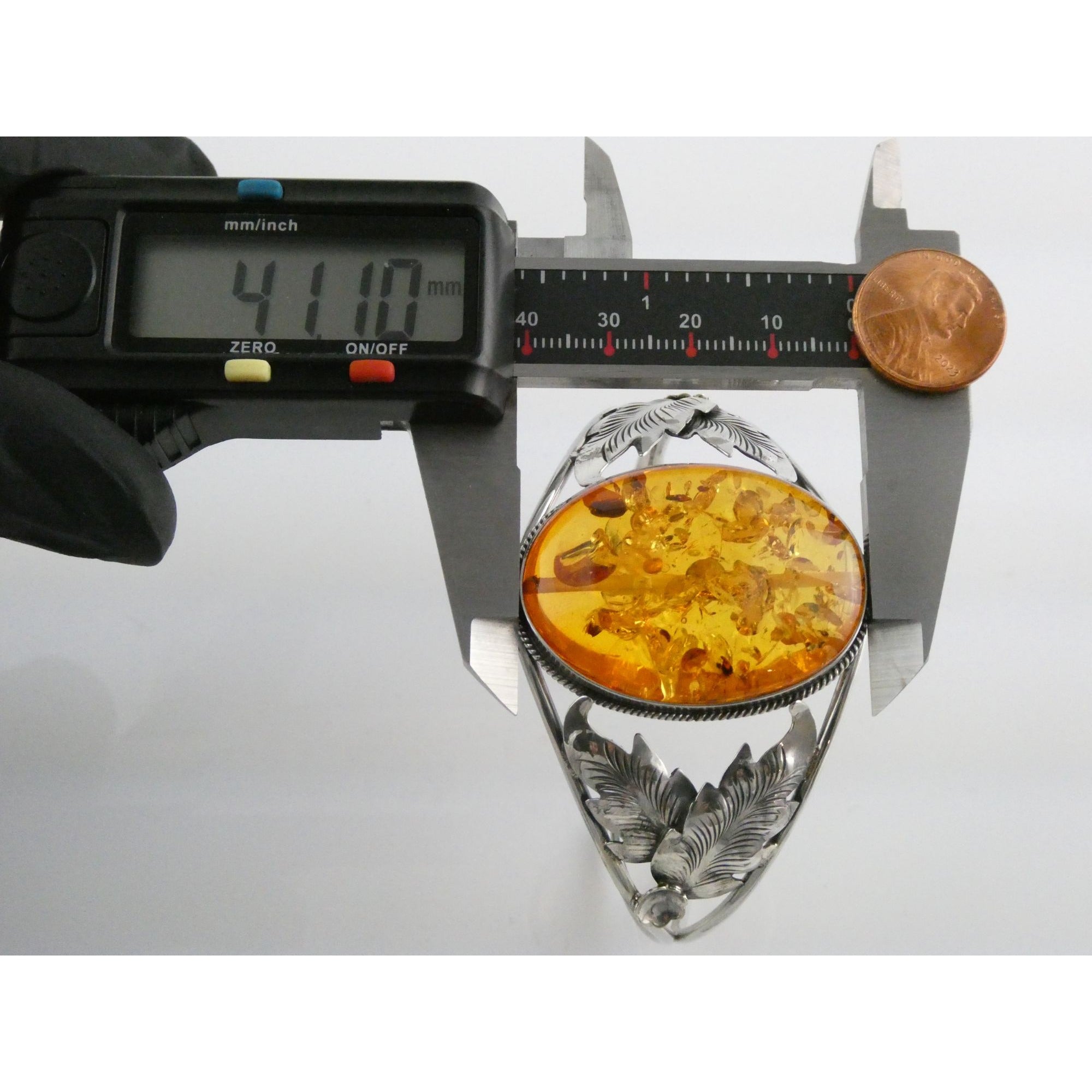 Sterling Silver Amber Cabochon Leaves Openwork Design Cuff Bracelet 7.5 Inches
