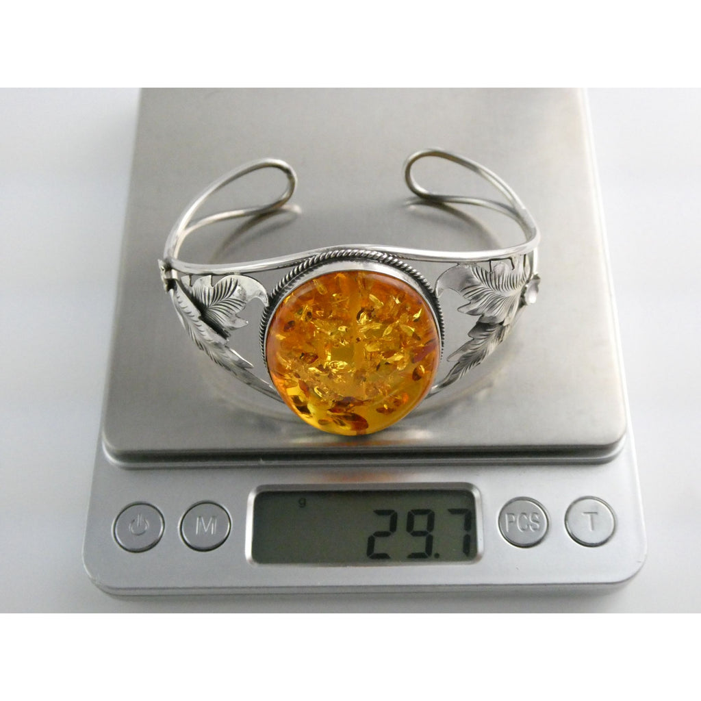 Sterling Silver Amber Cabochon Leaves Openwork Design Cuff Bracelet 7.5 Inches