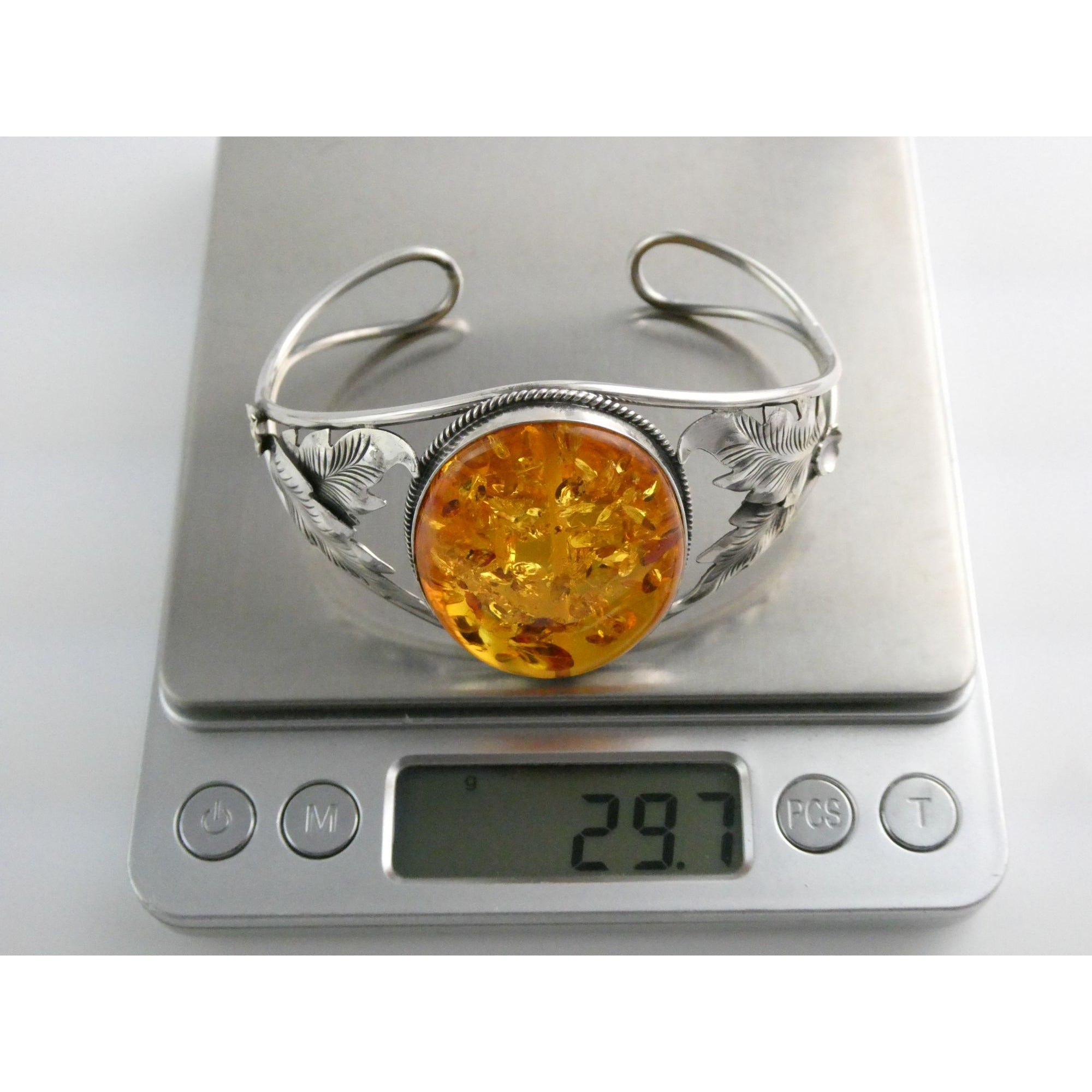 Sterling Silver Amber Cabochon Leaves Openwork Design Cuff Bracelet 7.5 Inches