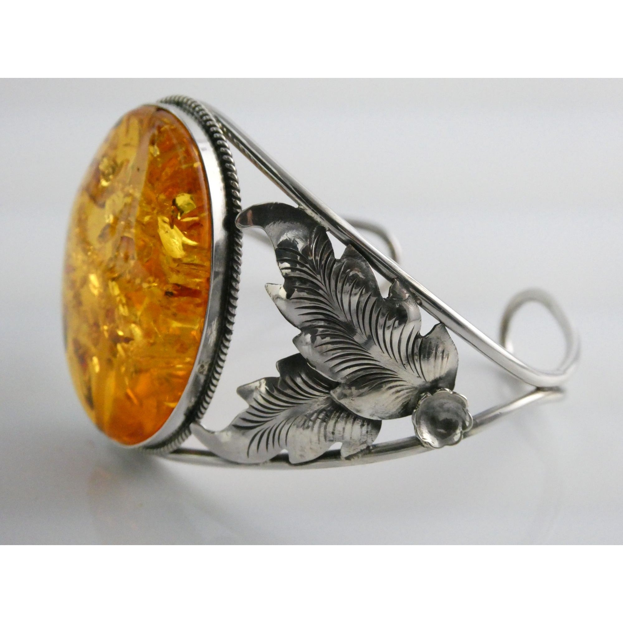 Sterling Silver Amber Cabochon Leaves Openwork Design Cuff Bracelet 7.5 Inches