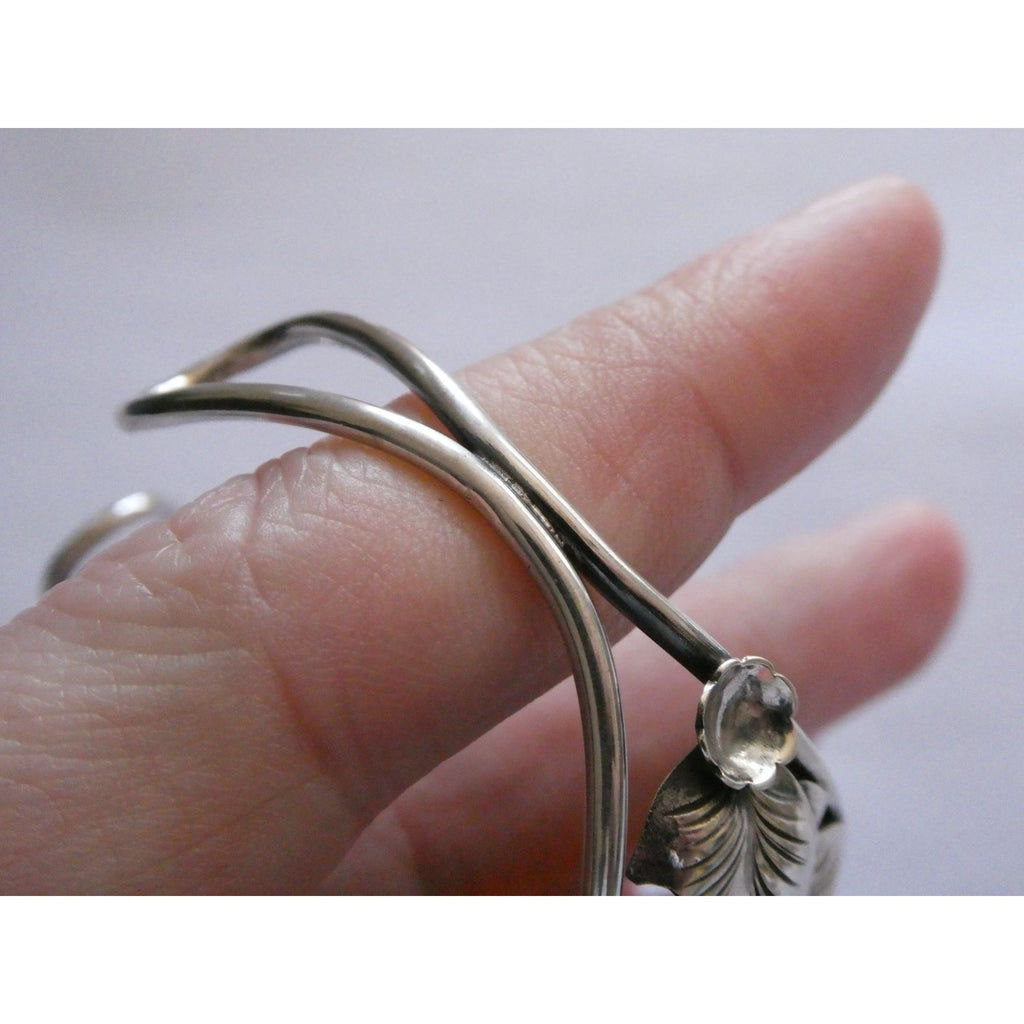 Sterling Silver Amber Cabochon Leaves Openwork Design Cuff Bracelet 7.5 Inches