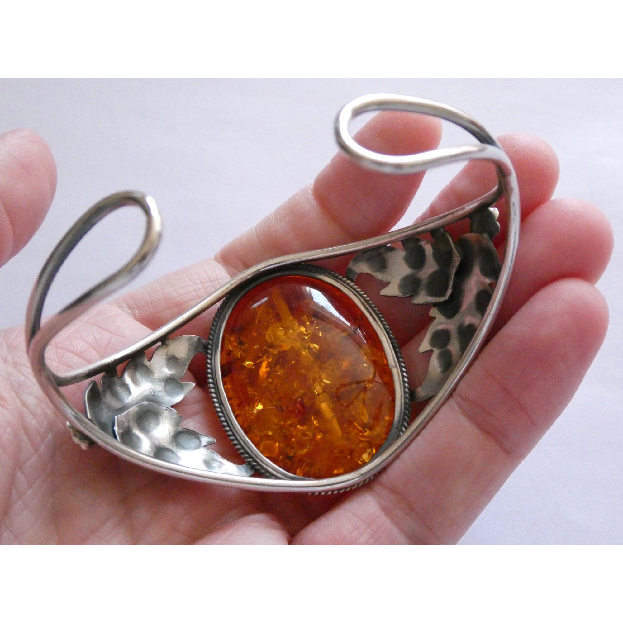 Sterling Silver Amber Cabochon Leaves Openwork Design Cuff Bracelet 7.5 Inches
