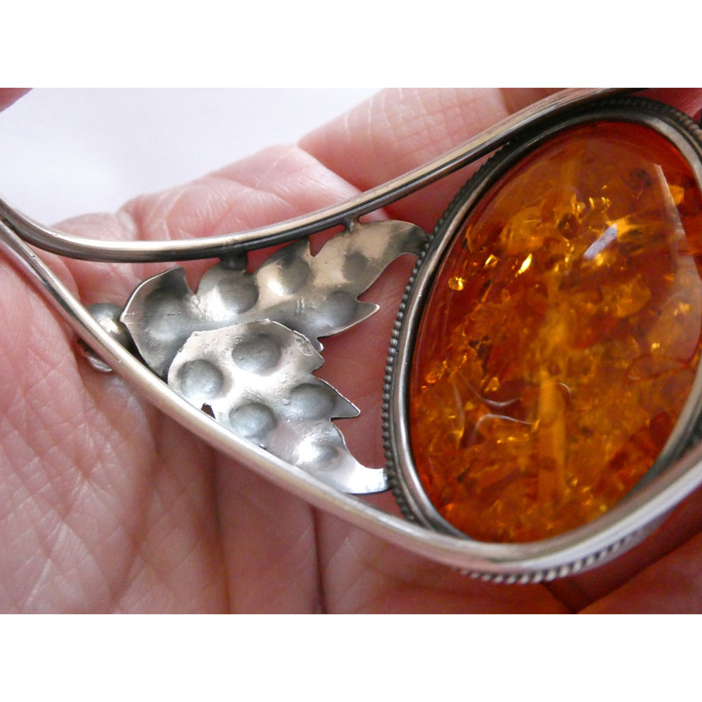 Sterling Silver Amber Cabochon Leaves Openwork Design Cuff Bracelet 7.5 Inches