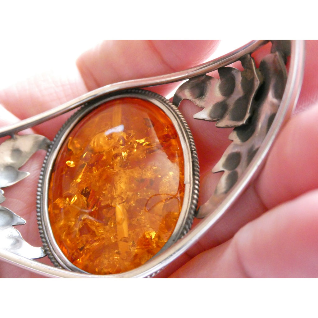 Sterling Silver Amber Cabochon Leaves Openwork Design Cuff Bracelet 7.5 Inches