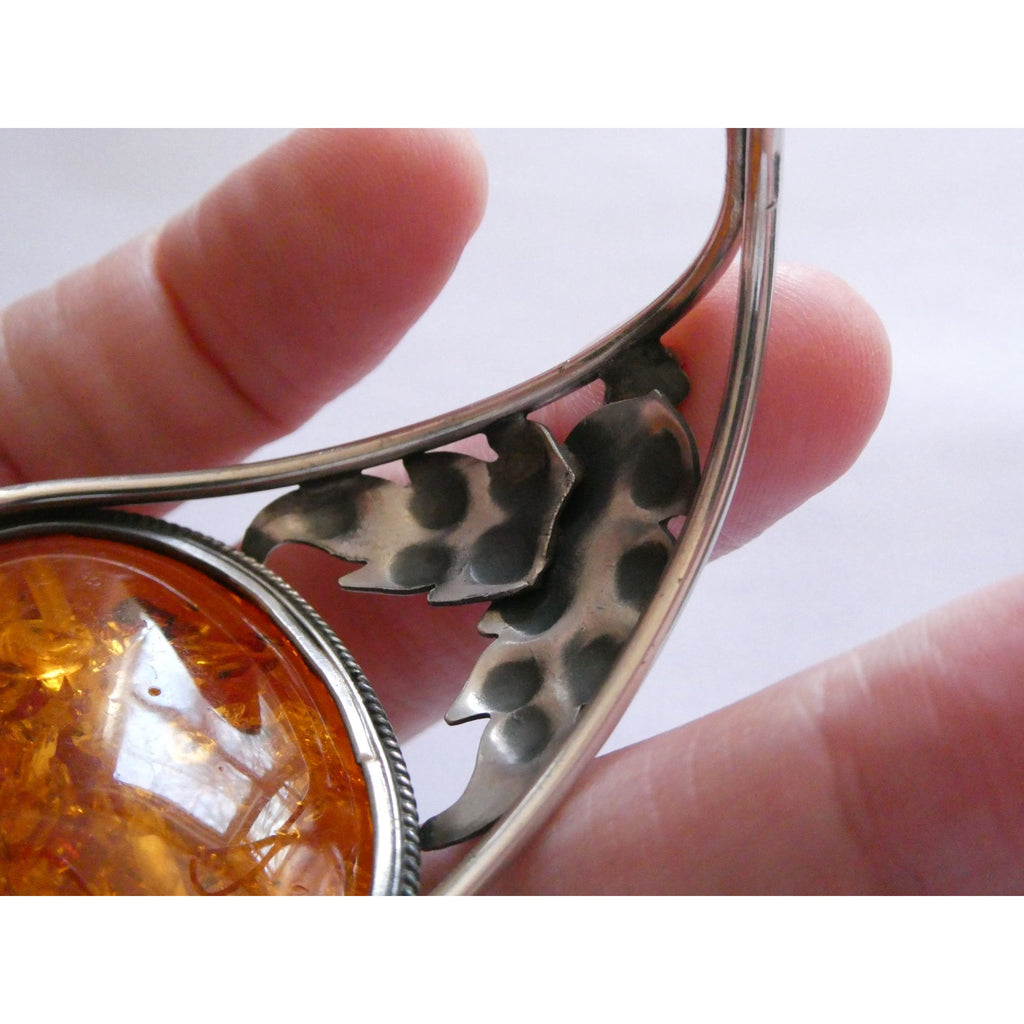 Sterling Silver Amber Cabochon Leaves Openwork Design Cuff Bracelet 7.5 Inches