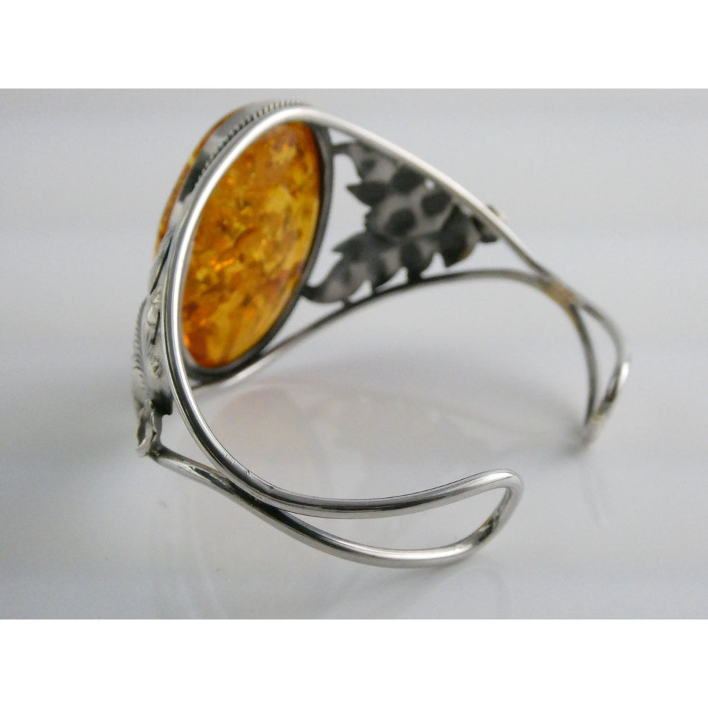 Sterling Silver Amber Cabochon Leaves Openwork Design Cuff Bracelet 7.5 Inches