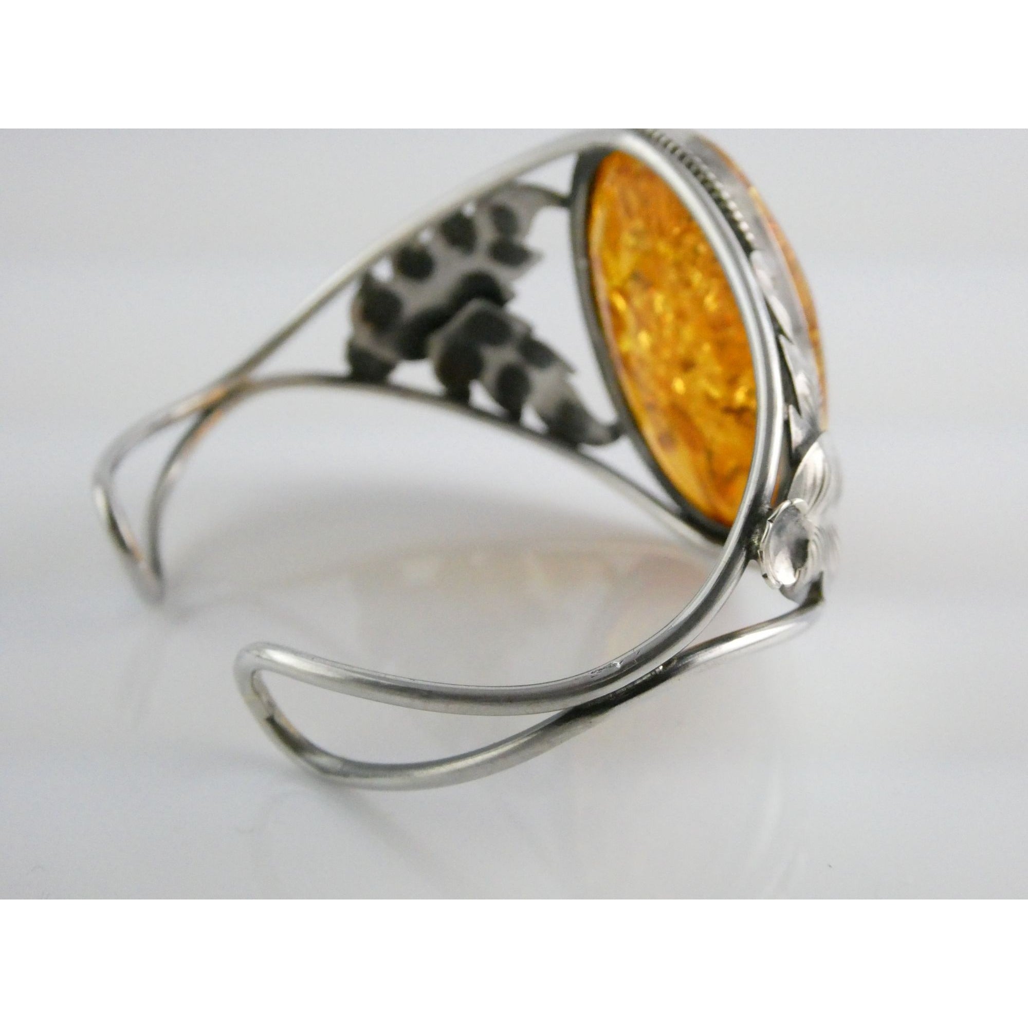 Sterling Silver Amber Cabochon Leaves Openwork Design Cuff Bracelet 7.5 Inches