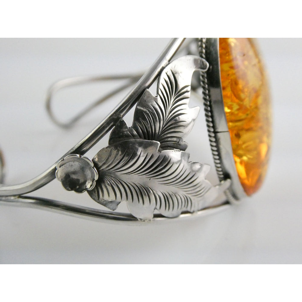Sterling Silver Amber Cabochon Leaves Openwork Design Cuff Bracelet 7.5 Inches