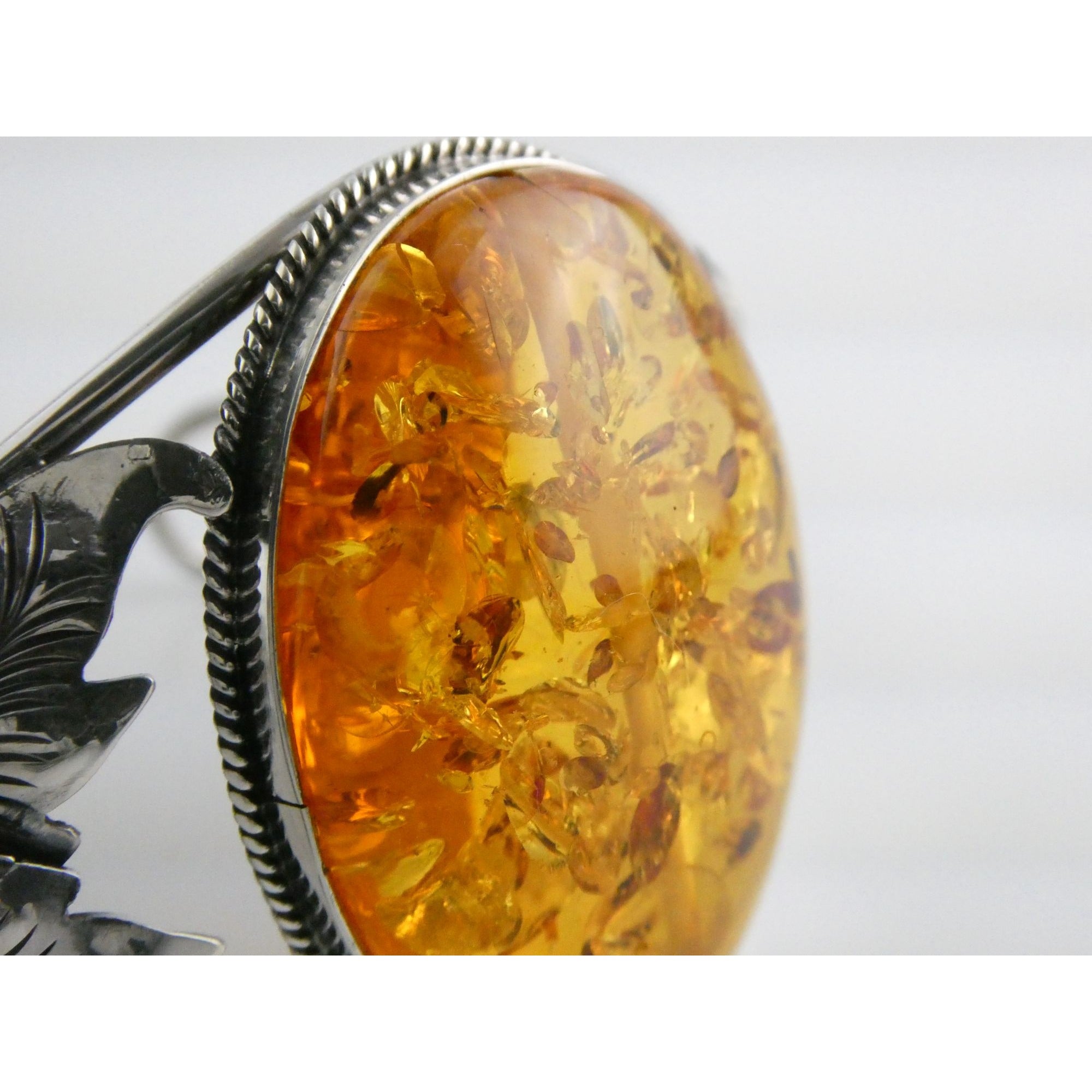 Sterling Silver Amber Cabochon Leaves Openwork Design Cuff Bracelet 7.5 Inches