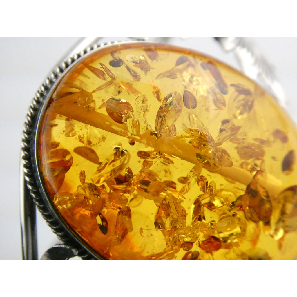 Sterling Silver Amber Cabochon Leaves Openwork Design Cuff Bracelet 7.5 Inches