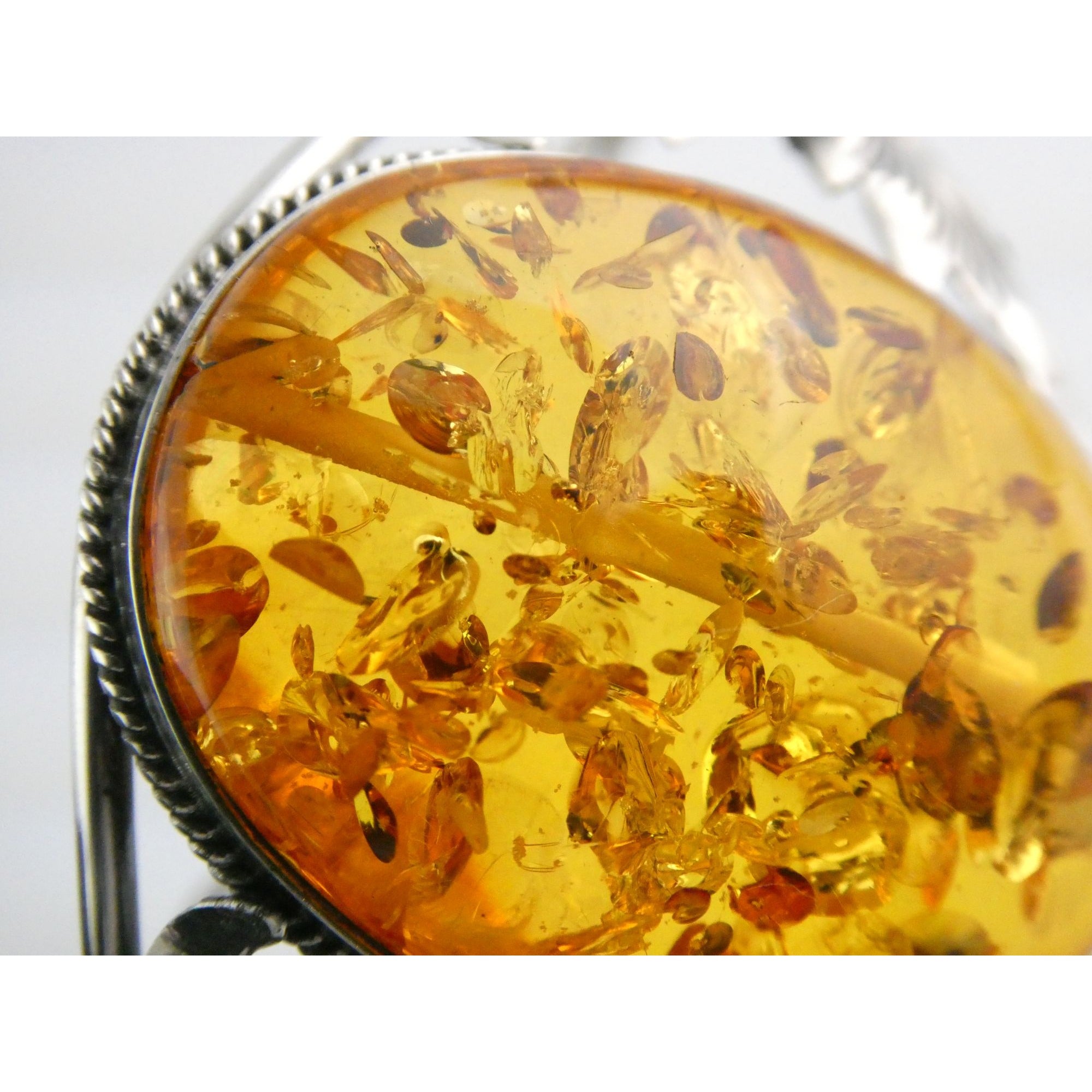 Sterling Silver Amber Cabochon Leaves Openwork Design Cuff Bracelet 7.5 Inches