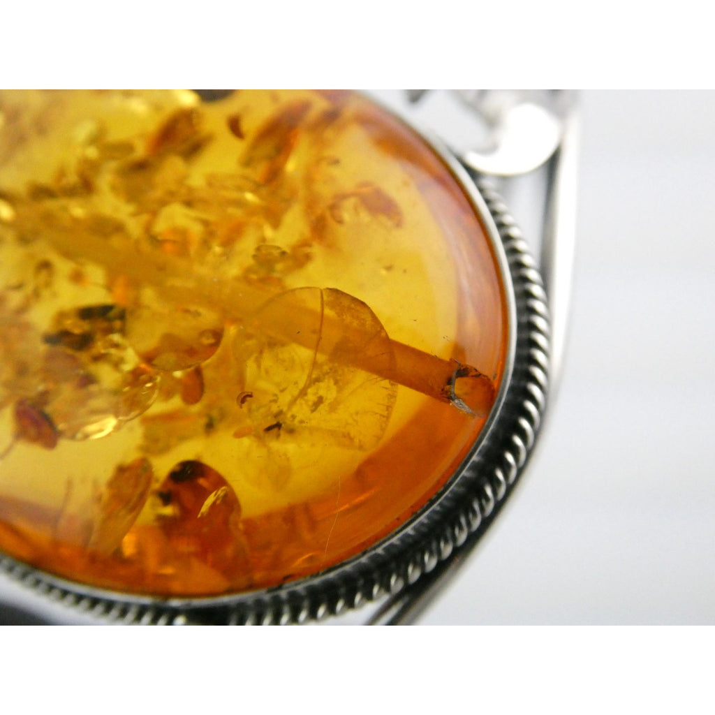 Sterling Silver Amber Cabochon Leaves Openwork Design Cuff Bracelet 7.5 Inches